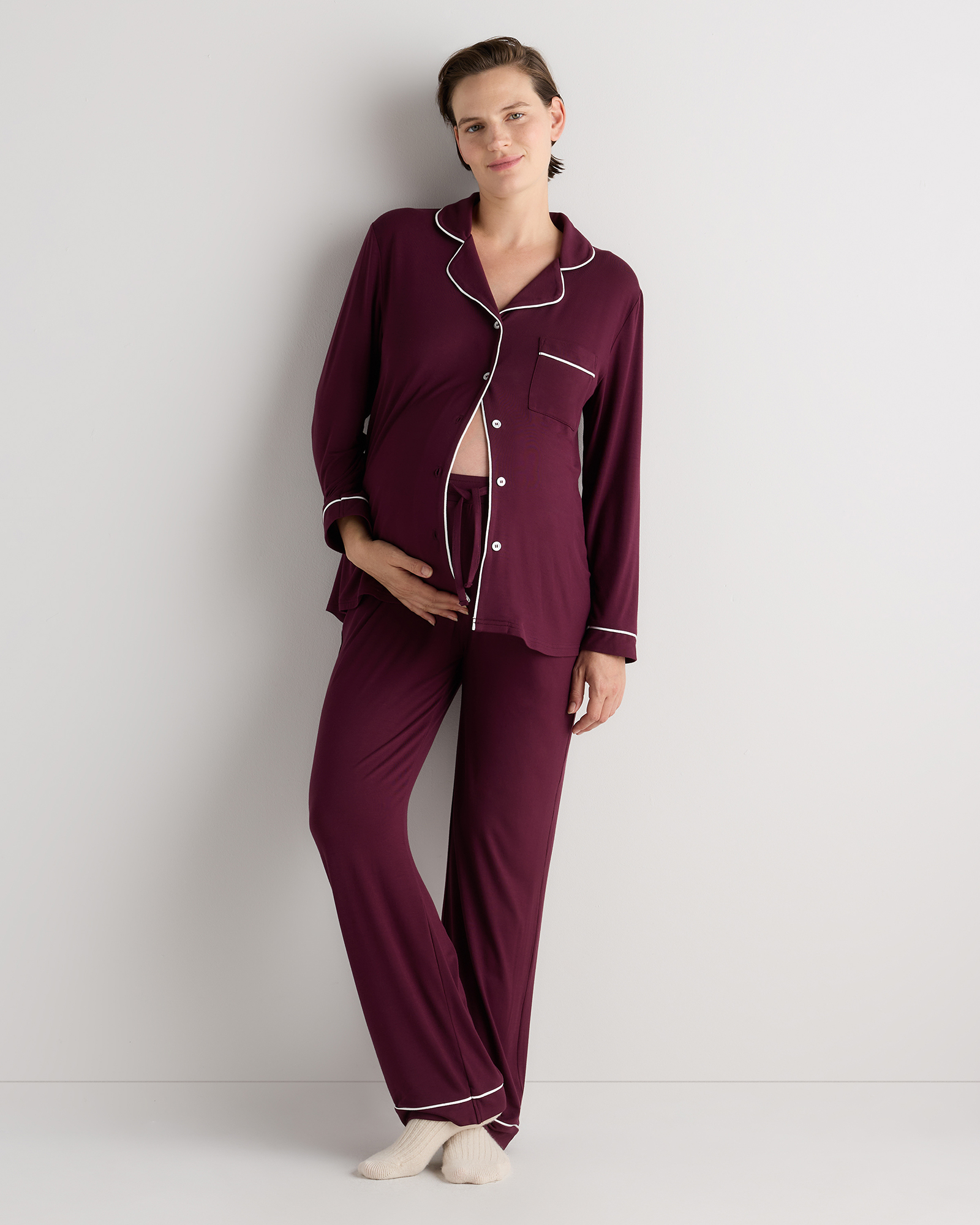 Wine Tasting Red Bamboo Jersey Maternity Long Sleeve Pajama Set