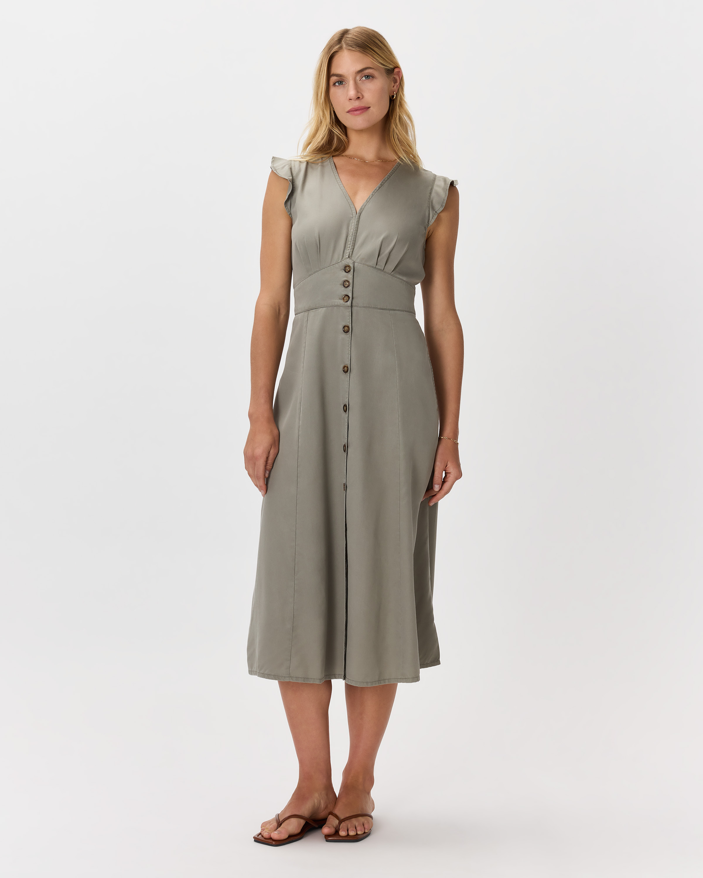 Olive Vintage Wash Tencel Button Front Midi Dress