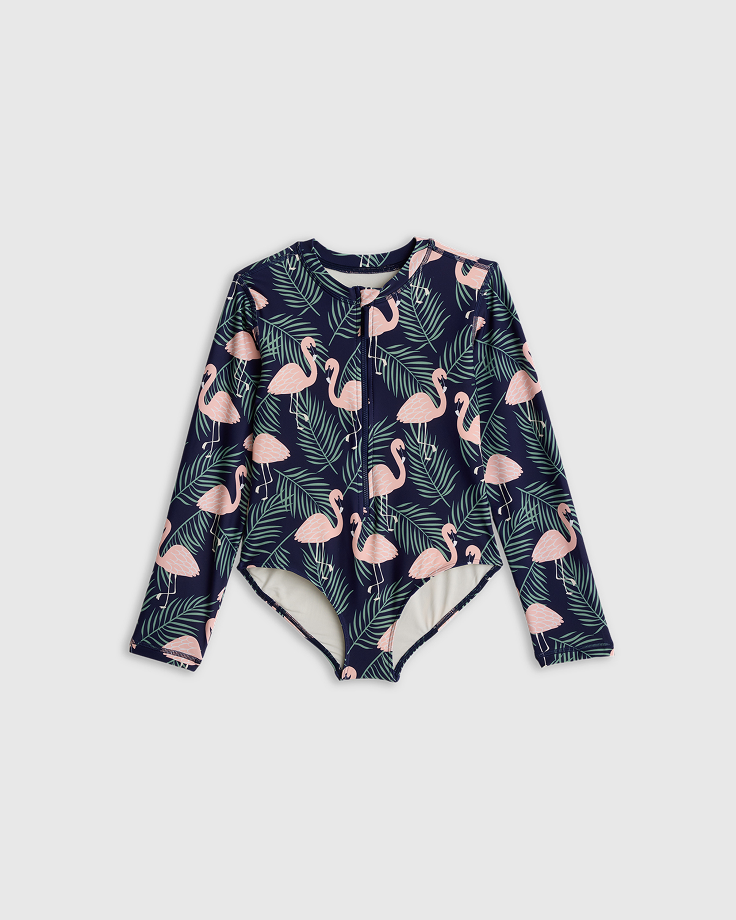 Quince Long Sleeve Zip-up Swimsuit In Flamingo Palms