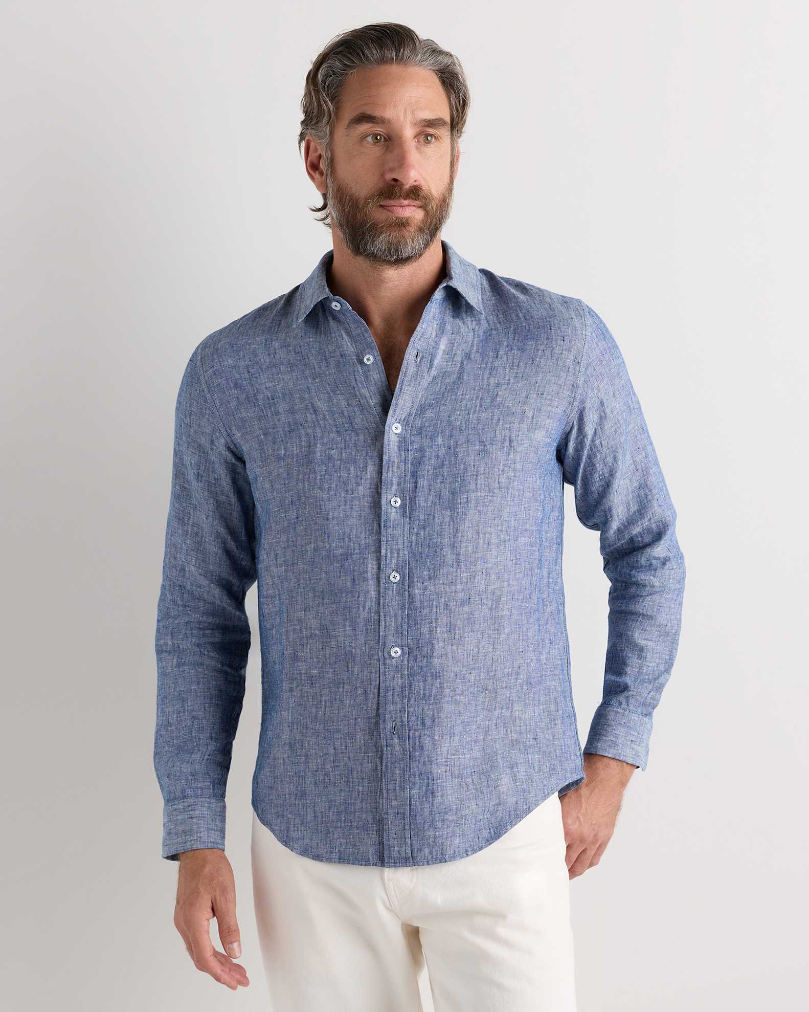 Men's 100% European Linen Relaxed Long Sleeve Shirt in Chambray Blue, Size XS by Quince Men's 100% European Linen Relaxed Long Sleeve Shirt in Chambray Blue, Size XS by Quince