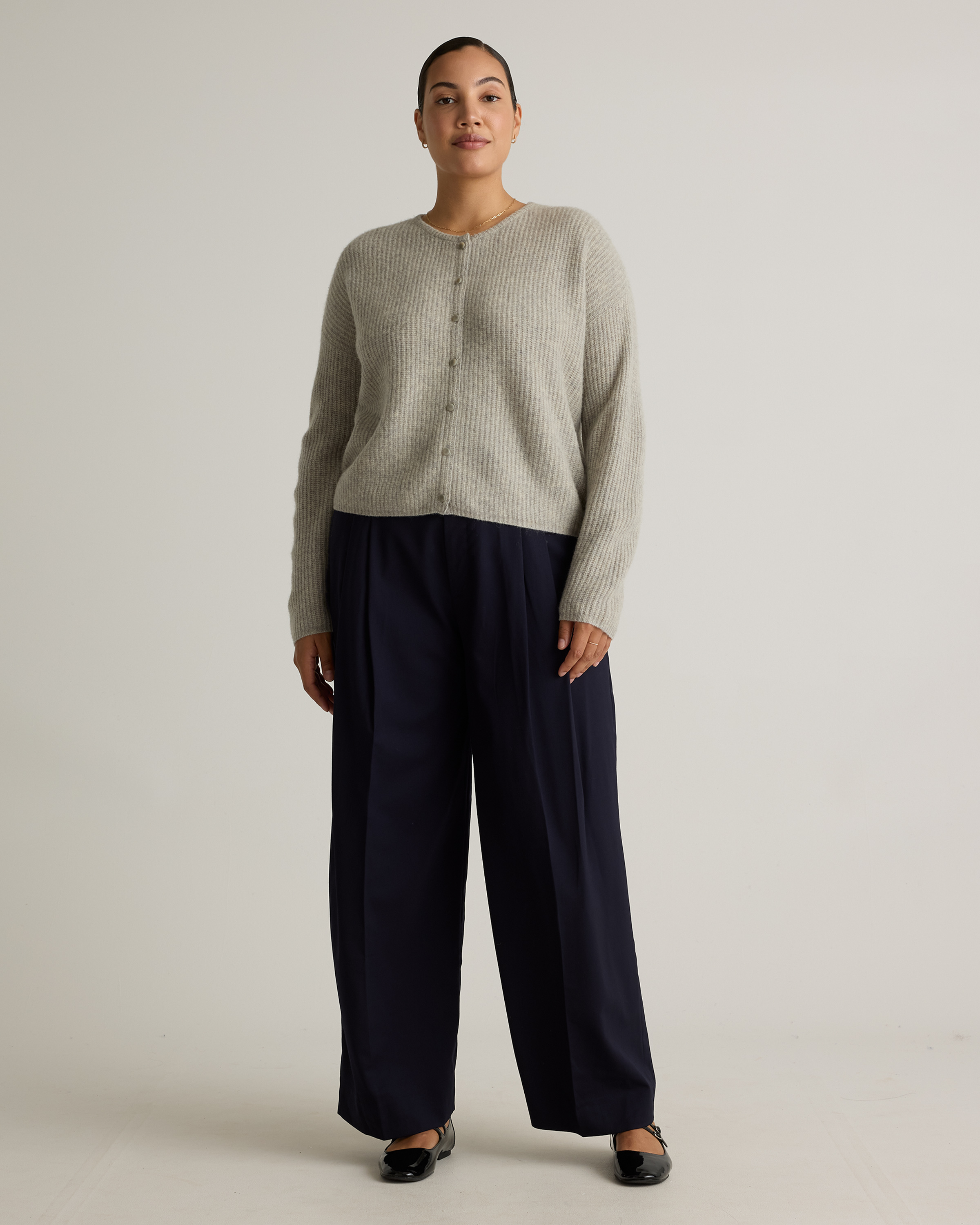 100% Yak Soft Rib Crew Cardigan in Warm Heather Grey