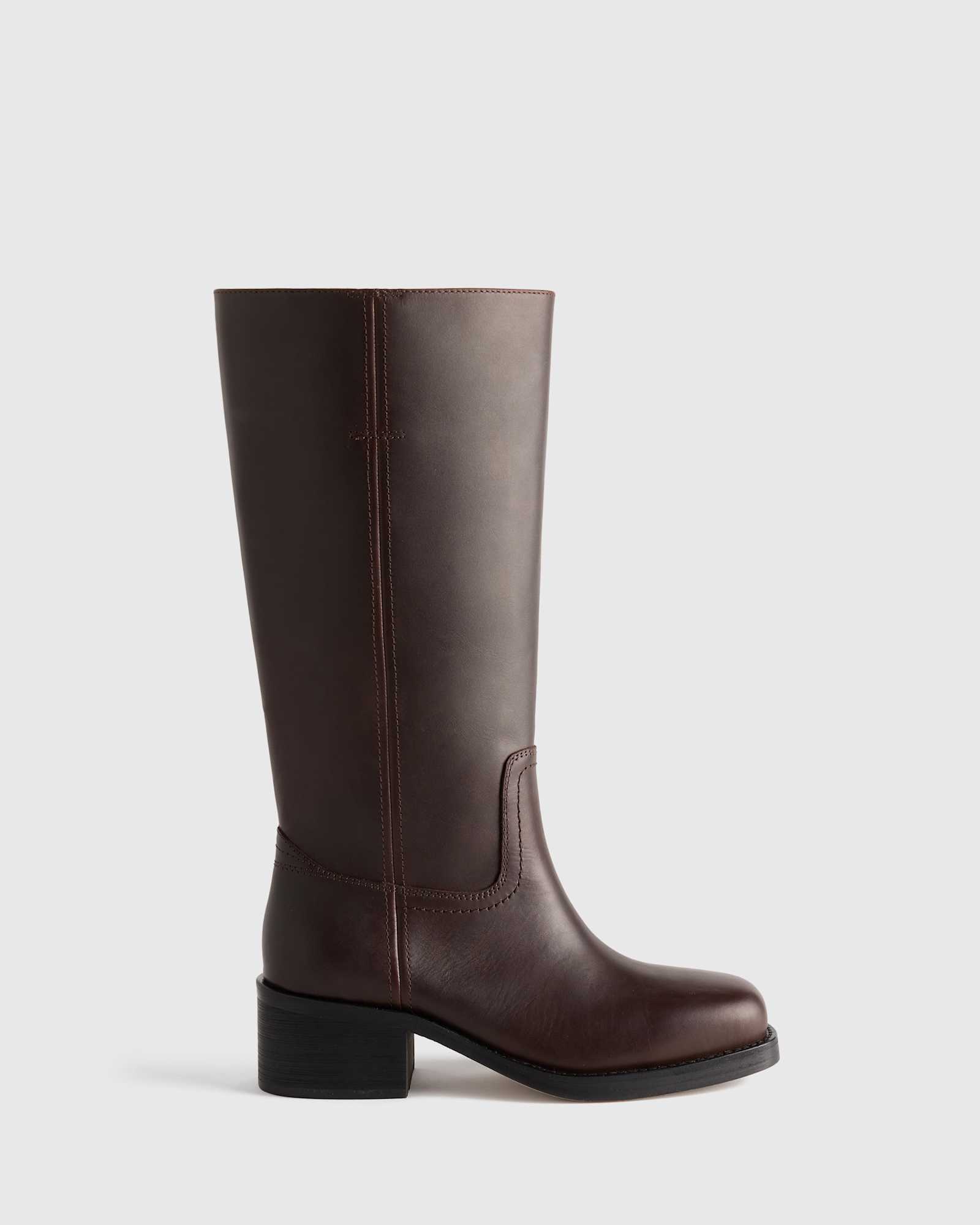 Coffee Bean Italian Leather Block Heel Boot