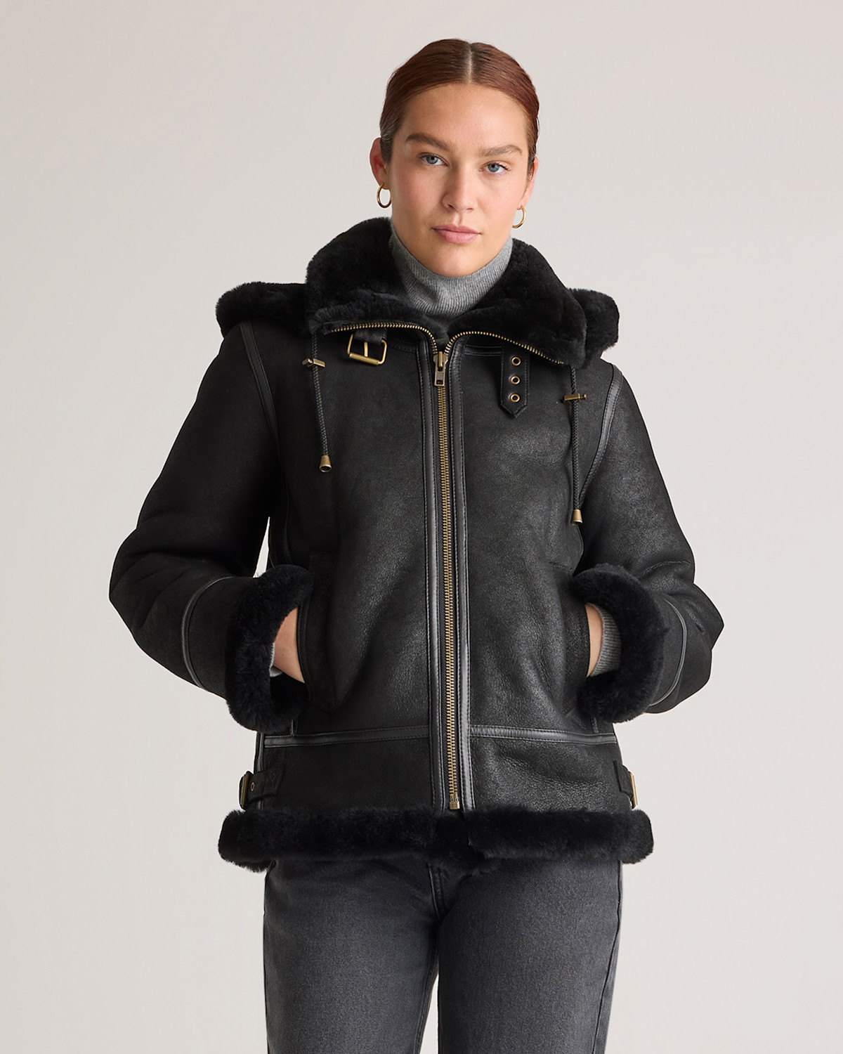 Quince 100% Shearling Cold Weather Bomber Jacket in Black