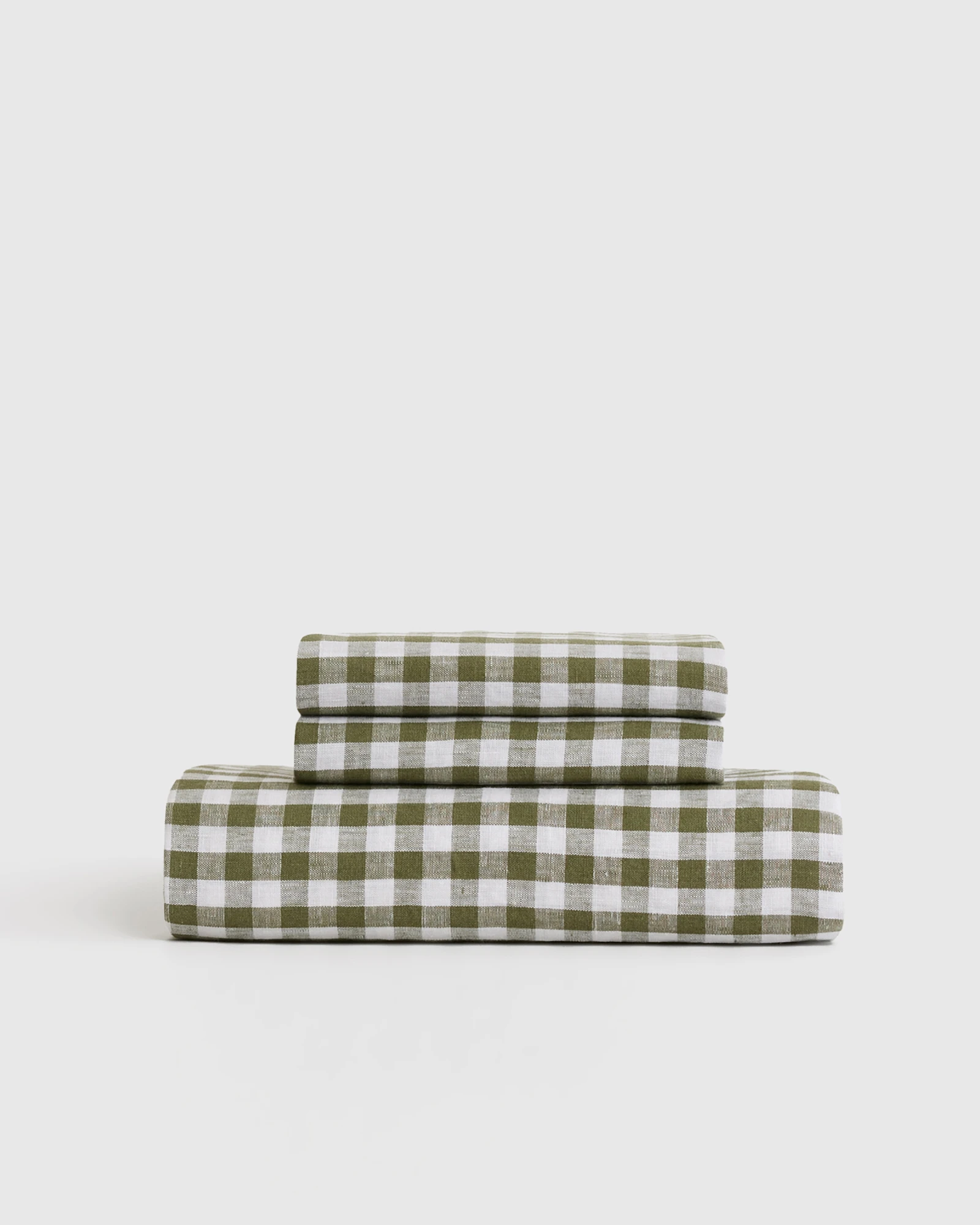 European Linen Gingham Fitted Sheet Set - Olive, Queen With Flat Sheet