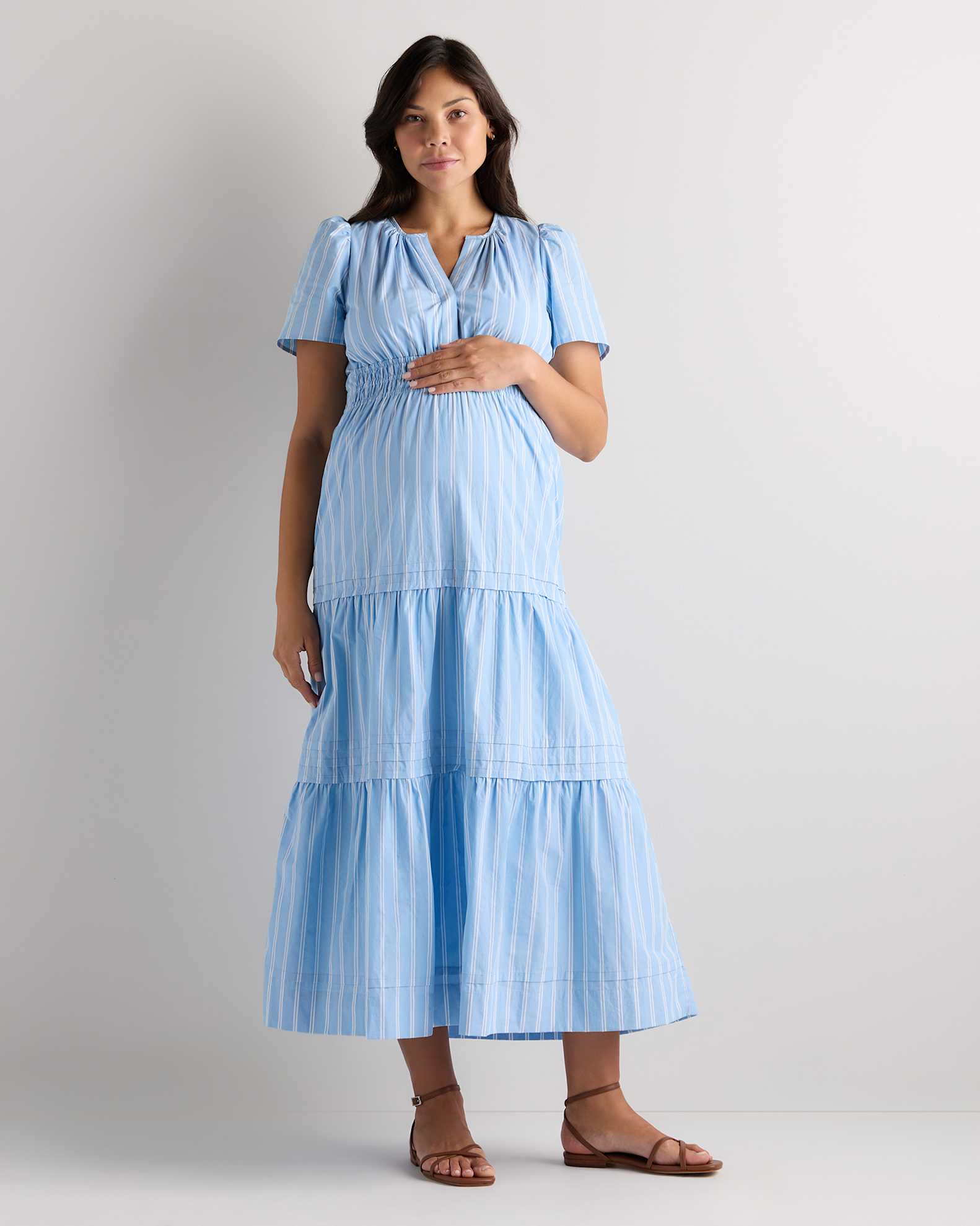 cotton maternity dress Deadstock Linen-Cotton Button-Front Midi Ingrid & Isabel flexible fit before Ingrid & Isabel Maternity Waist
