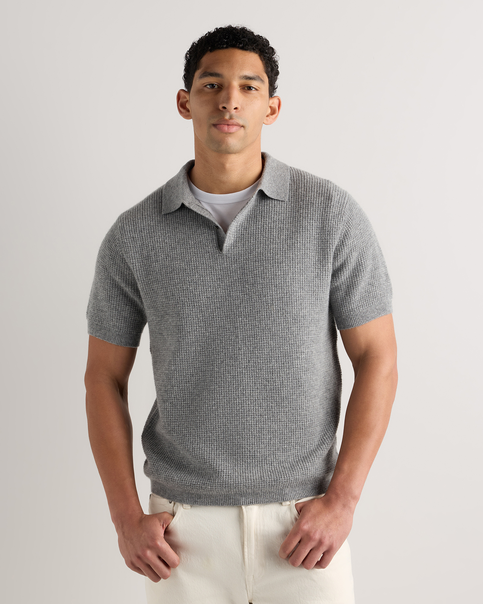Heather Grey Mongolian Cashmere Waffle Short Sleeve Polo Sweater