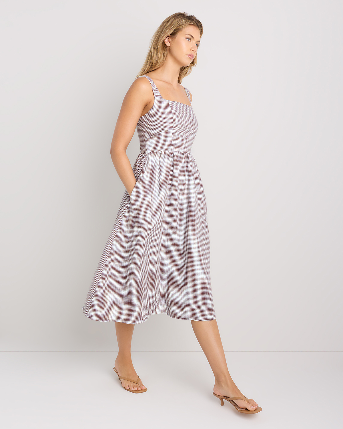 fit & flare lightweight smocked gingham midi dress Butter Yellow Drop Waist Cora Midi Dress
