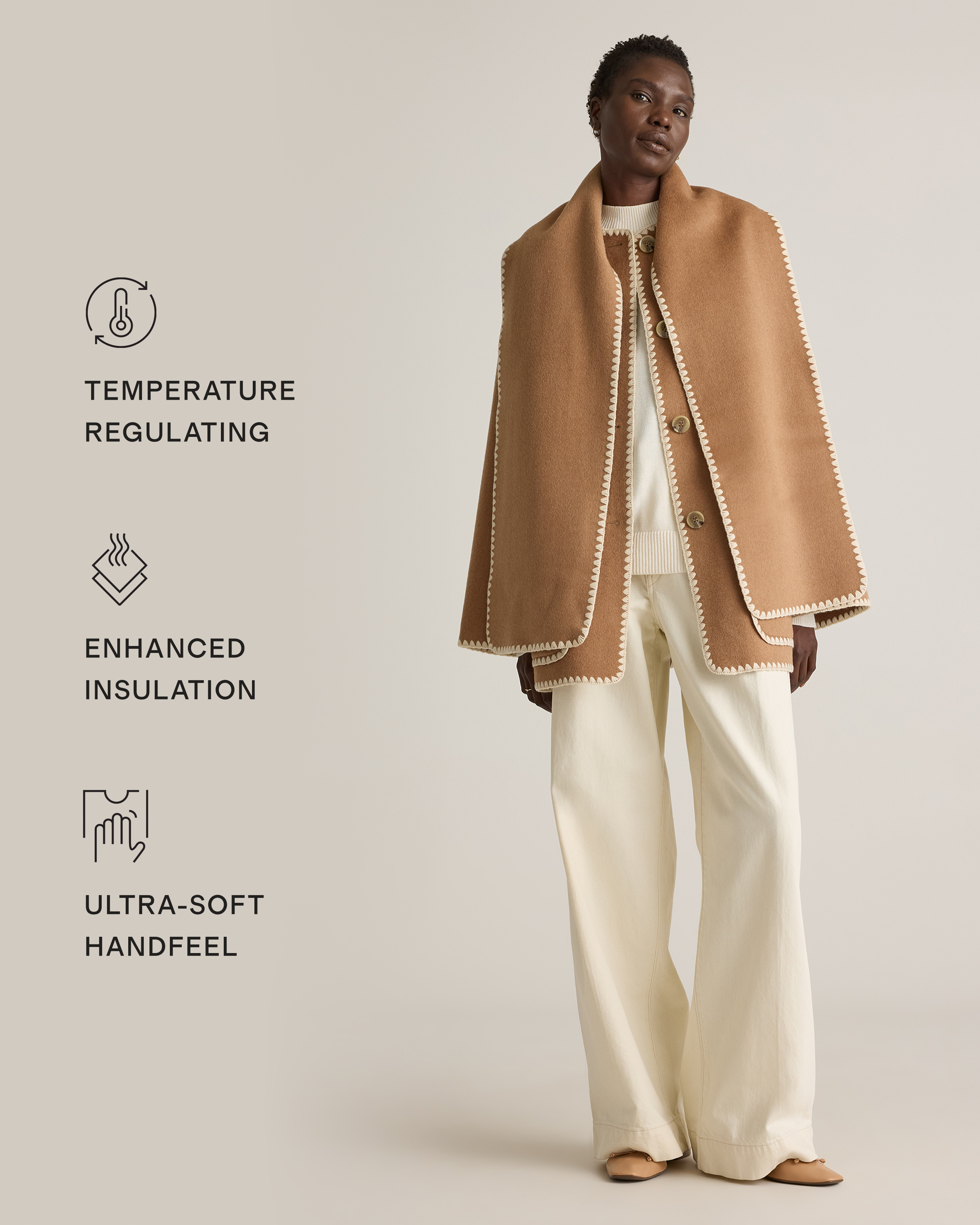 Double-Faced Merino Wool Scarf Coat in Caramel