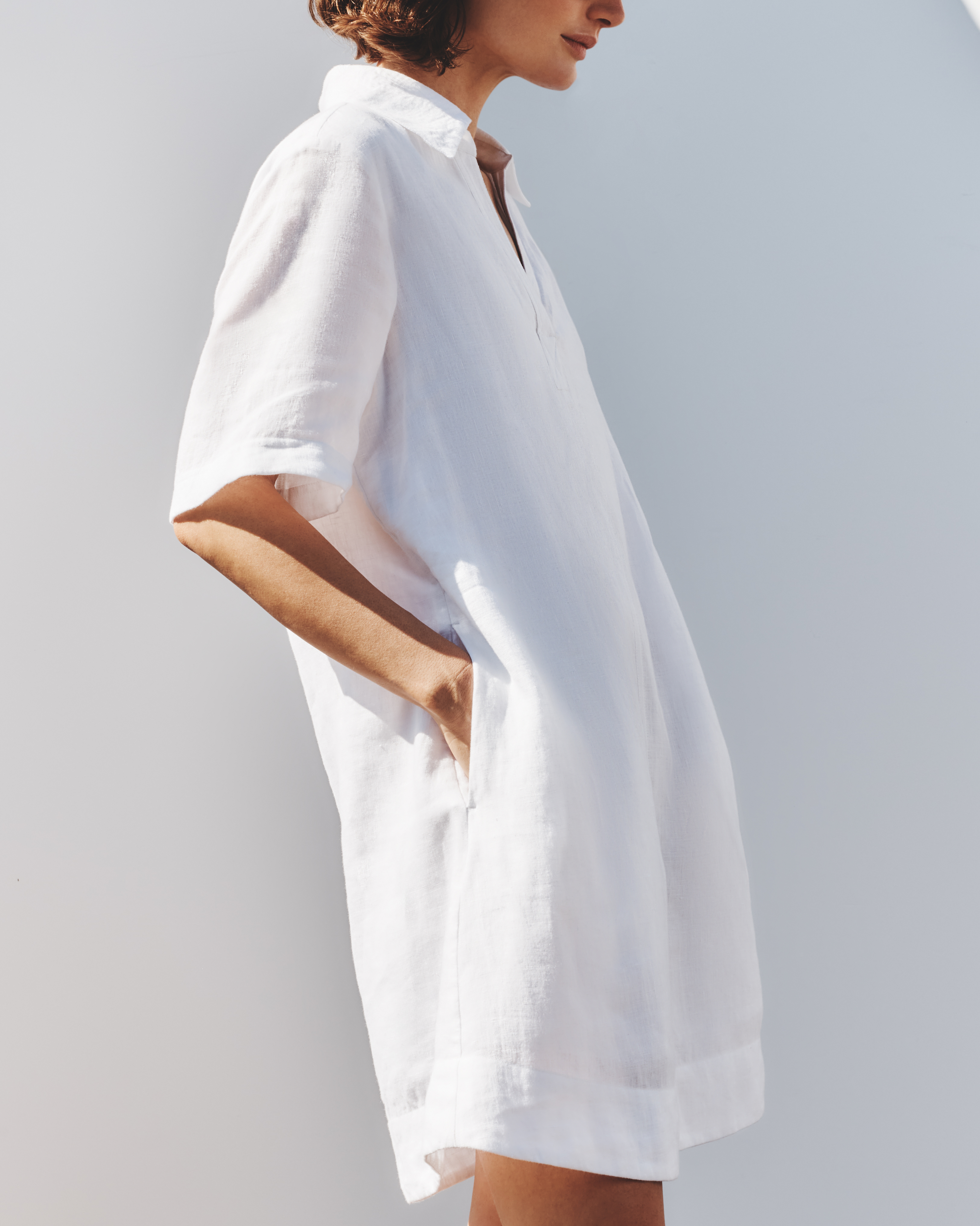 100% European Linen Popover Mini Dress in White