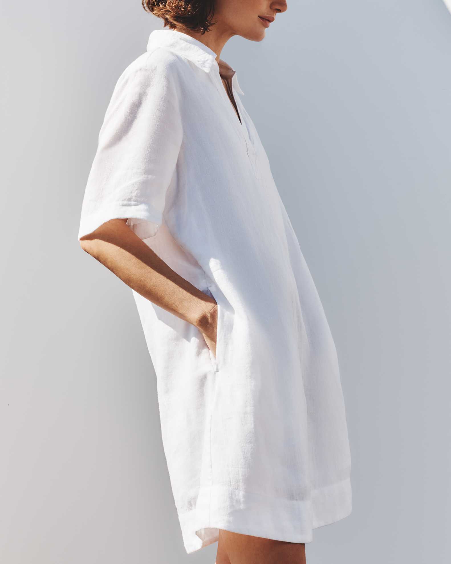 100% European Linen Popover Mini Dress in White 100% European Linen Popover Mini Dress in White