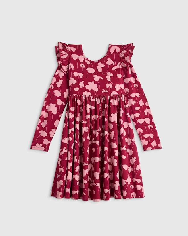Burgundy Clovers Bamboo Long Sleeve Flutter Twirl Dress