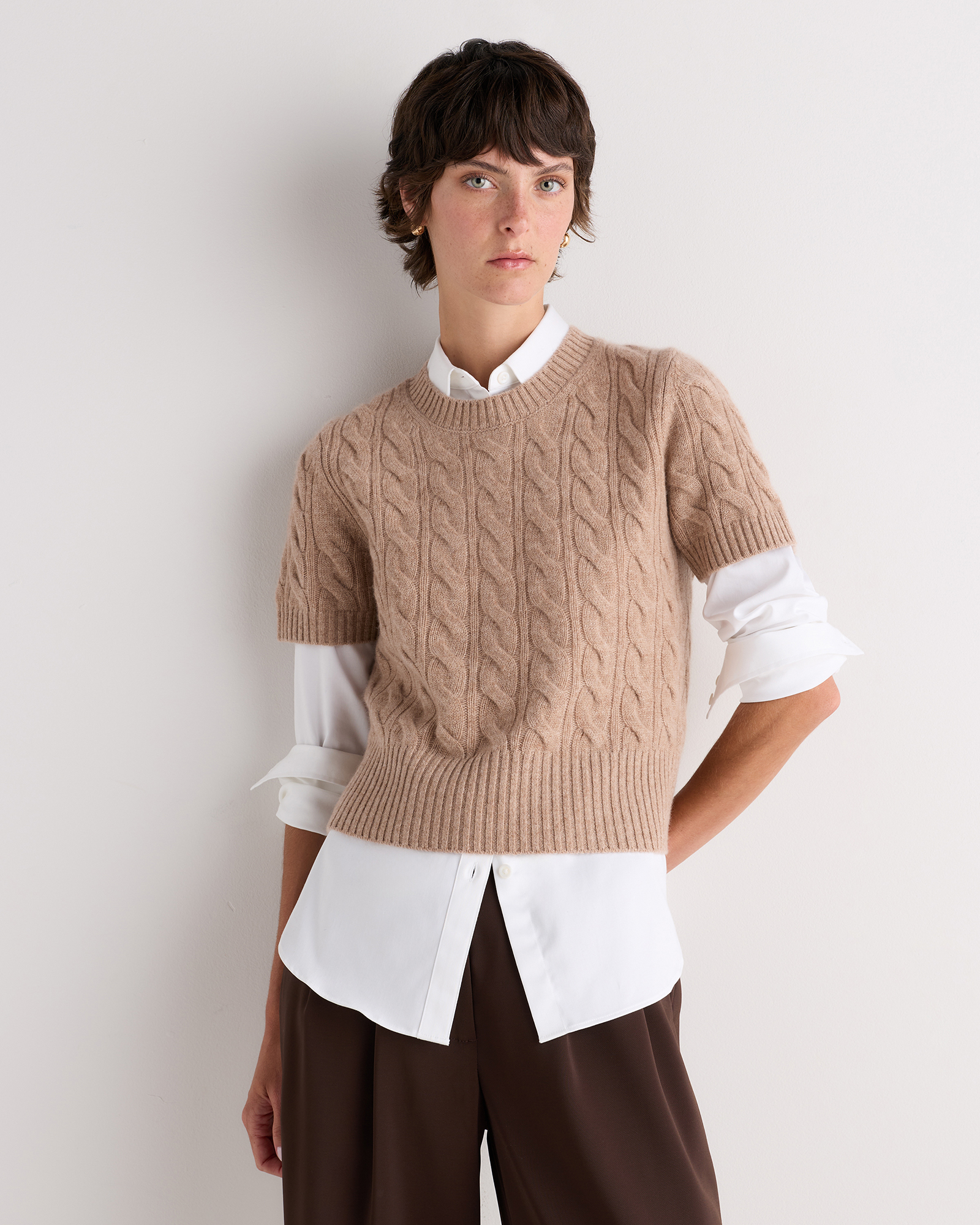 Oatmeal Mongolian Cashmere Shrunken Cable Tee
