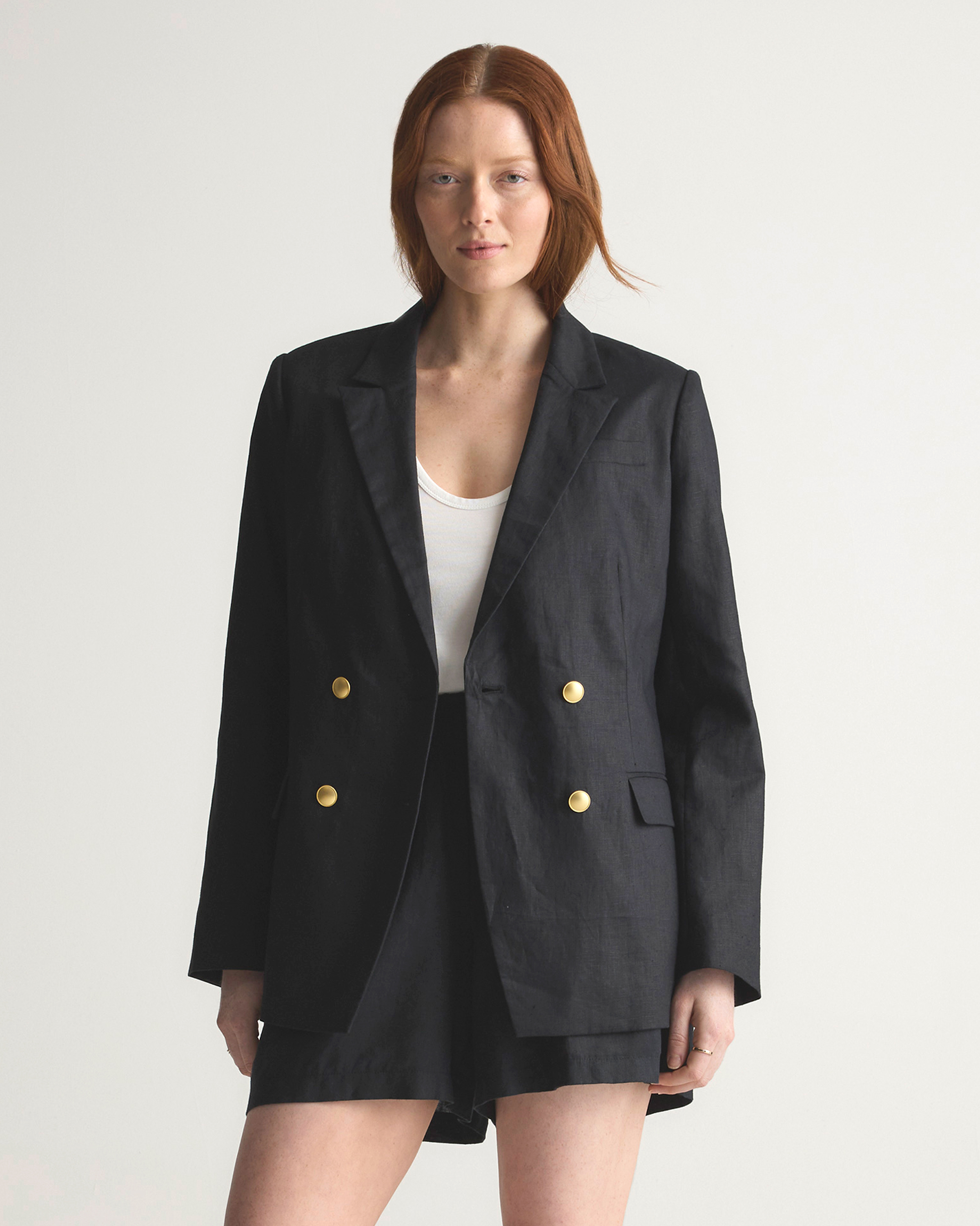 Quince Women's 100% European Linen Relaxed Double-breasted Blazer In Black