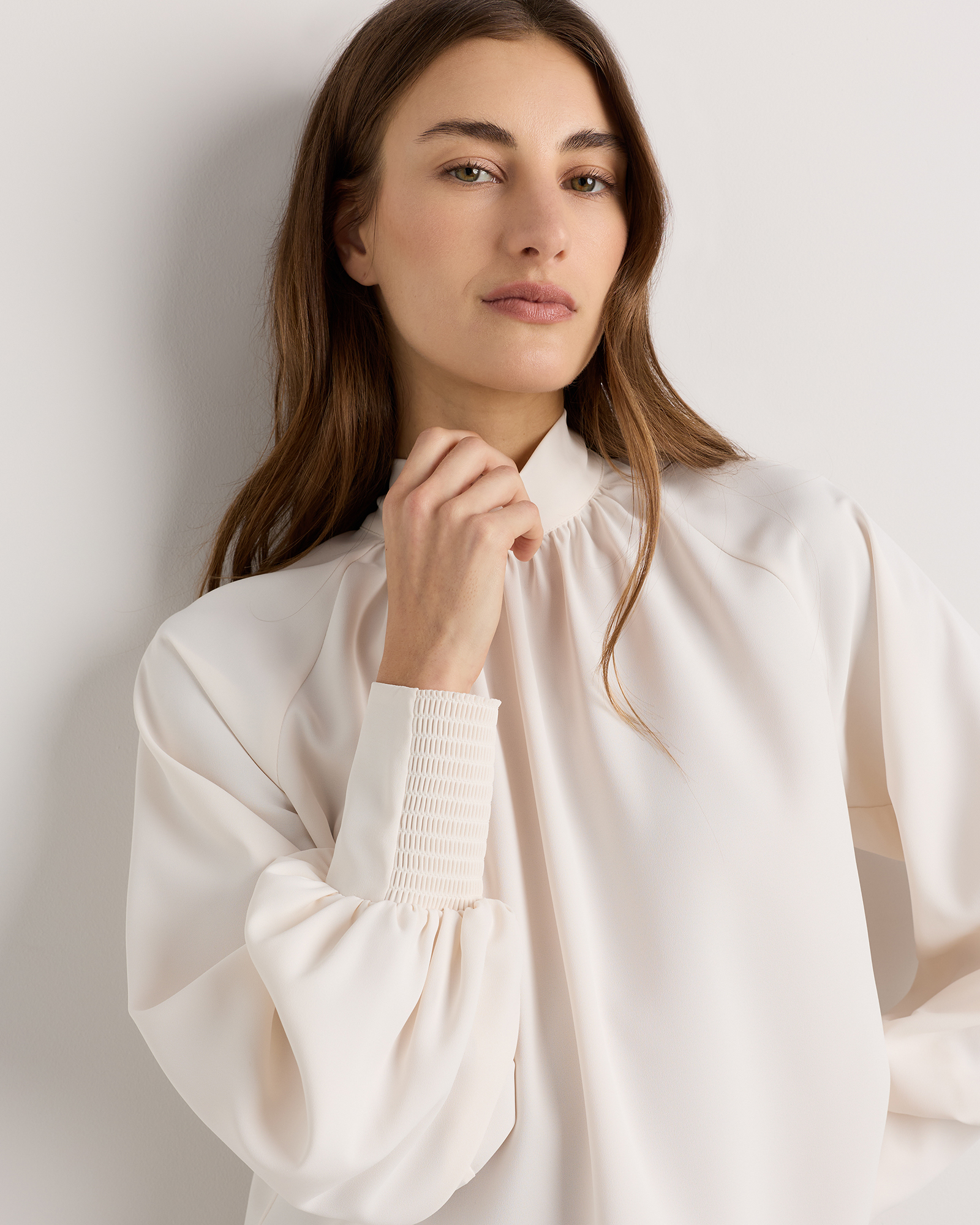 Drapey Chiffon Mock Neck Long Sleeve Blouse in Ivory