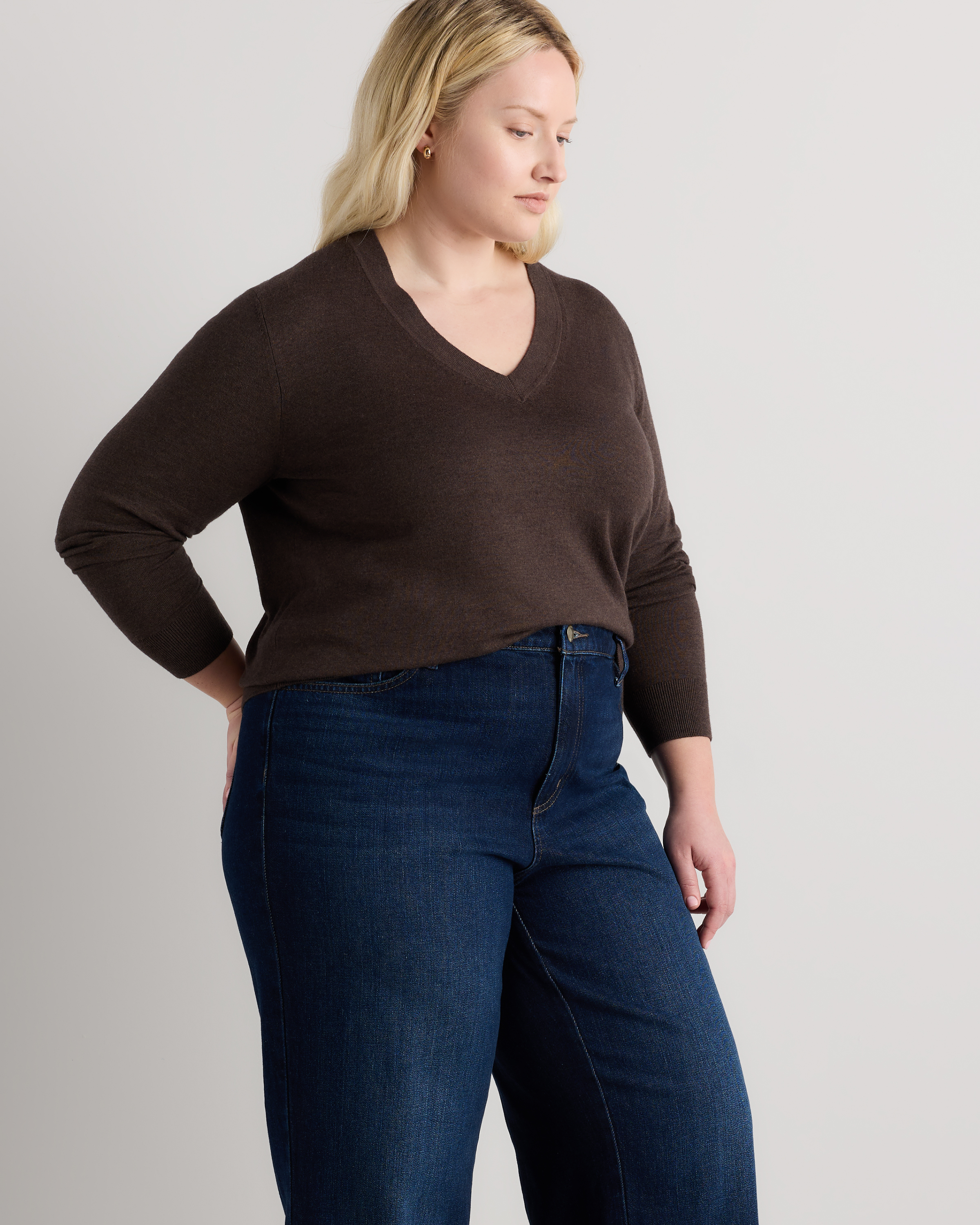 新品 W/Si/Ca 18G V Neck Knit HEATHER MOCHA Lightweight Cotton Cashmere V-Neck Sweater in Mocha Heather
