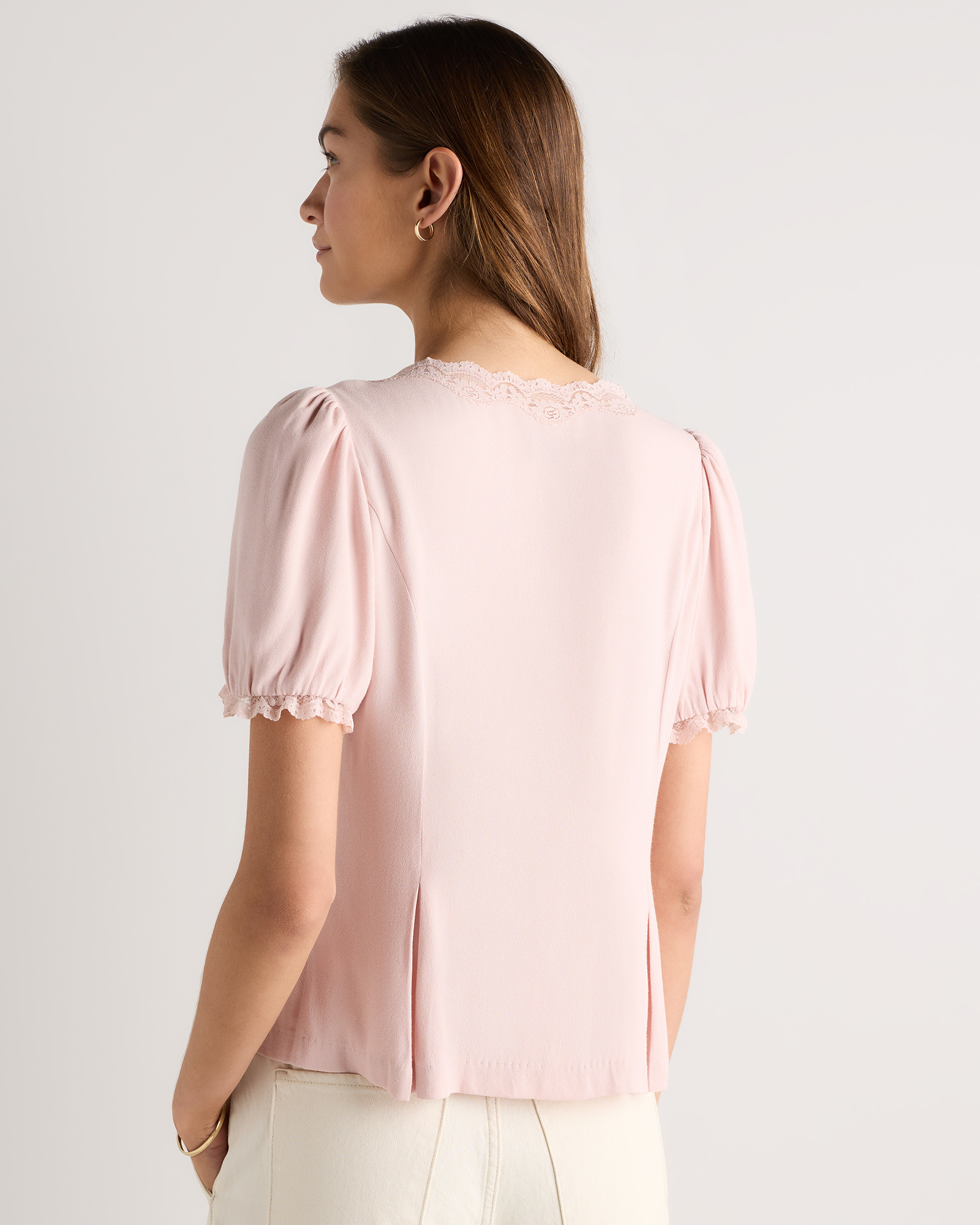 Lightweight Crepe Lace Puff Sleeve Blouse in Shell Pink