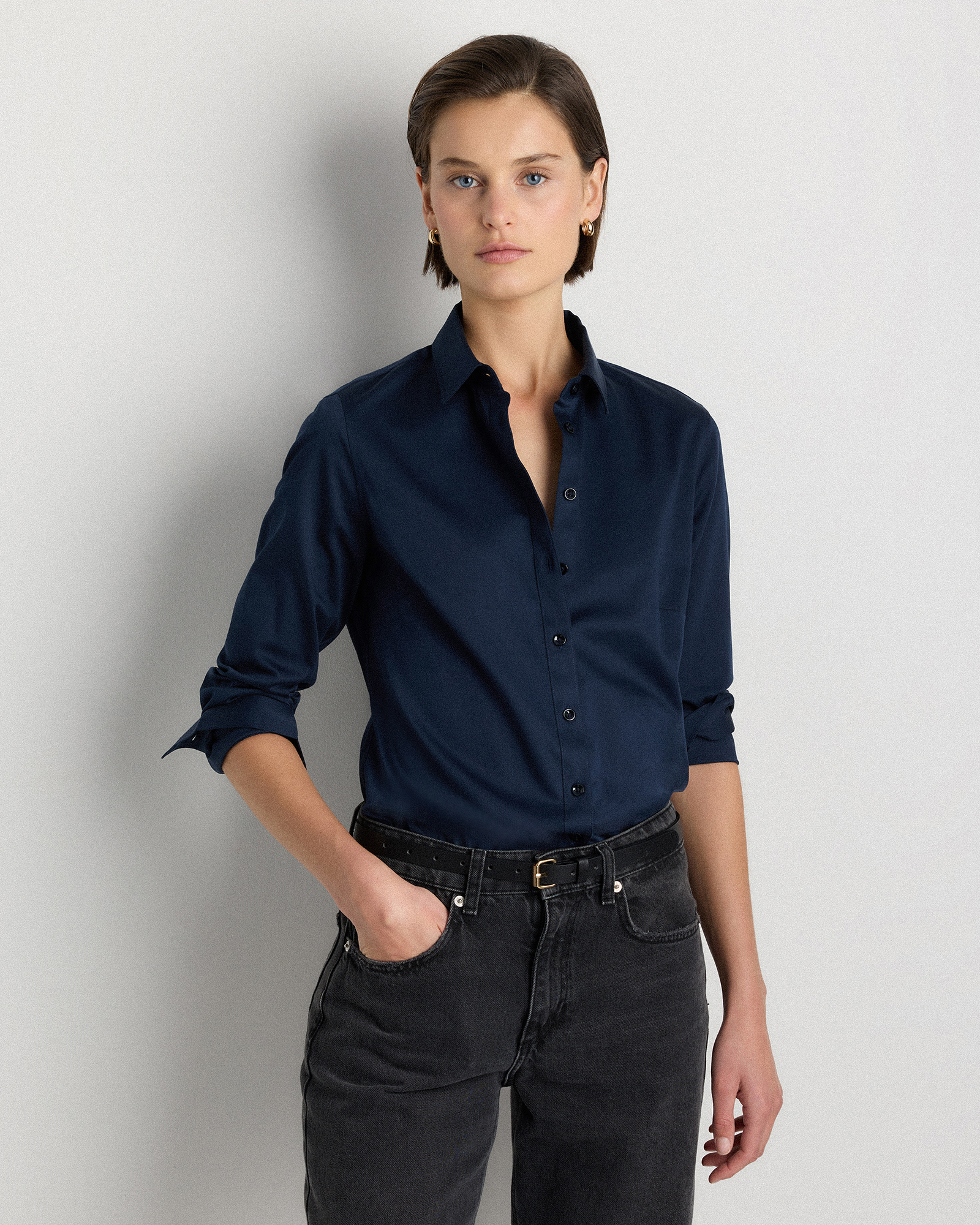 Solid Navy Organic Stretch Cotton Tailored Shirt