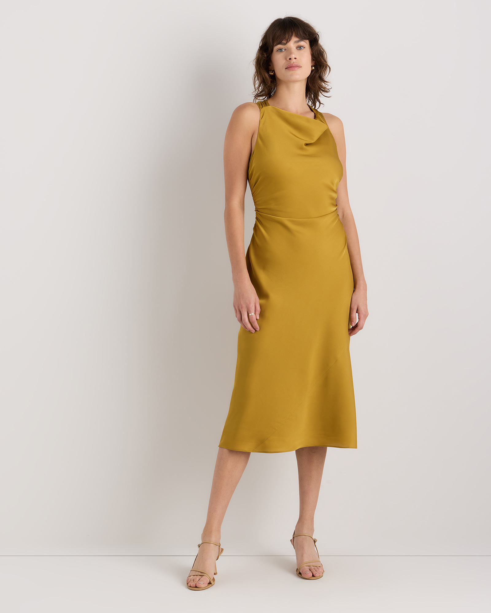 Mineral Yellow Washable Stretch Silk High Neck Midi Dress