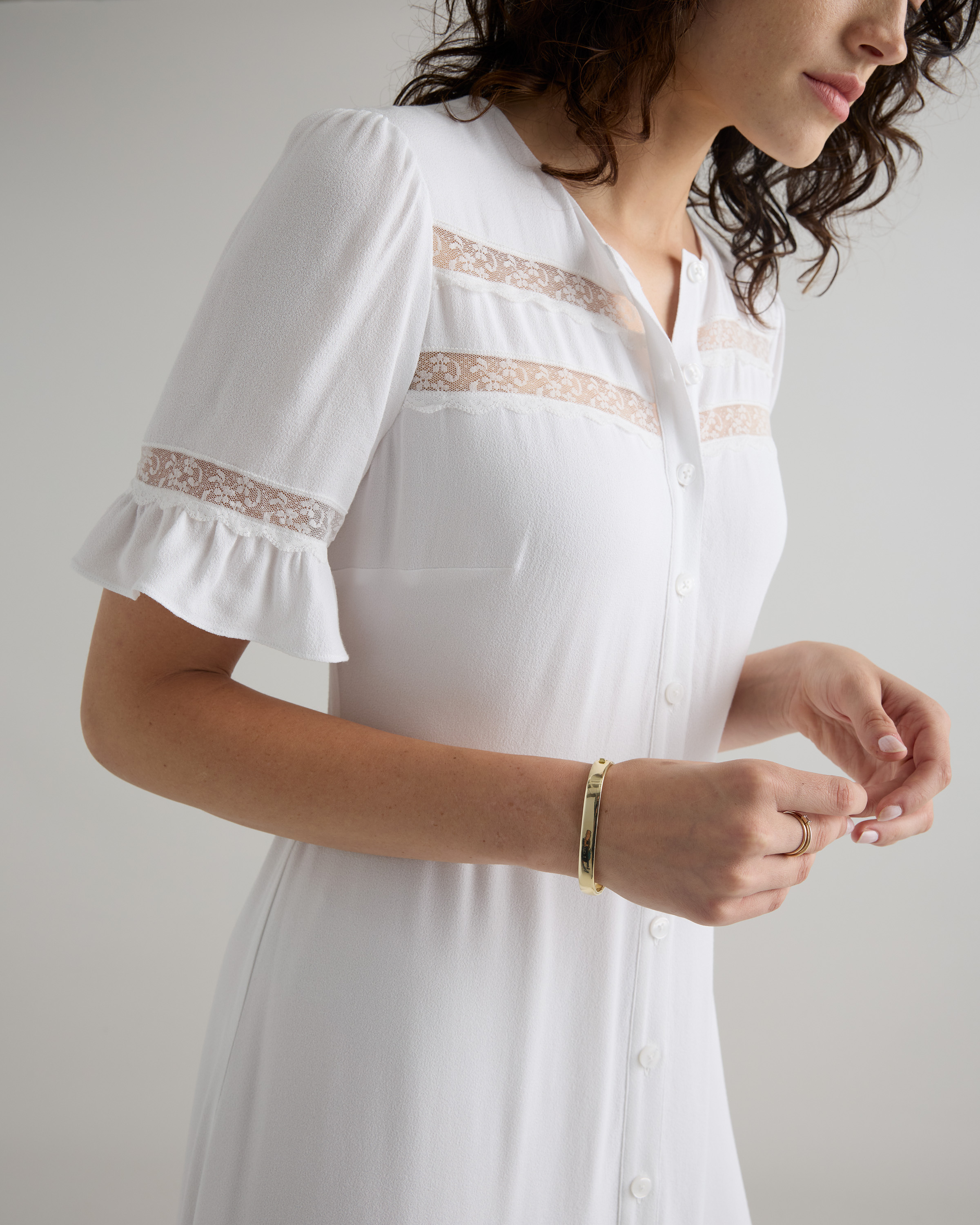 Women's Lightweight Crepe Lace Inset Midi Dress in Ivory, Size Small, Viscose by Quince