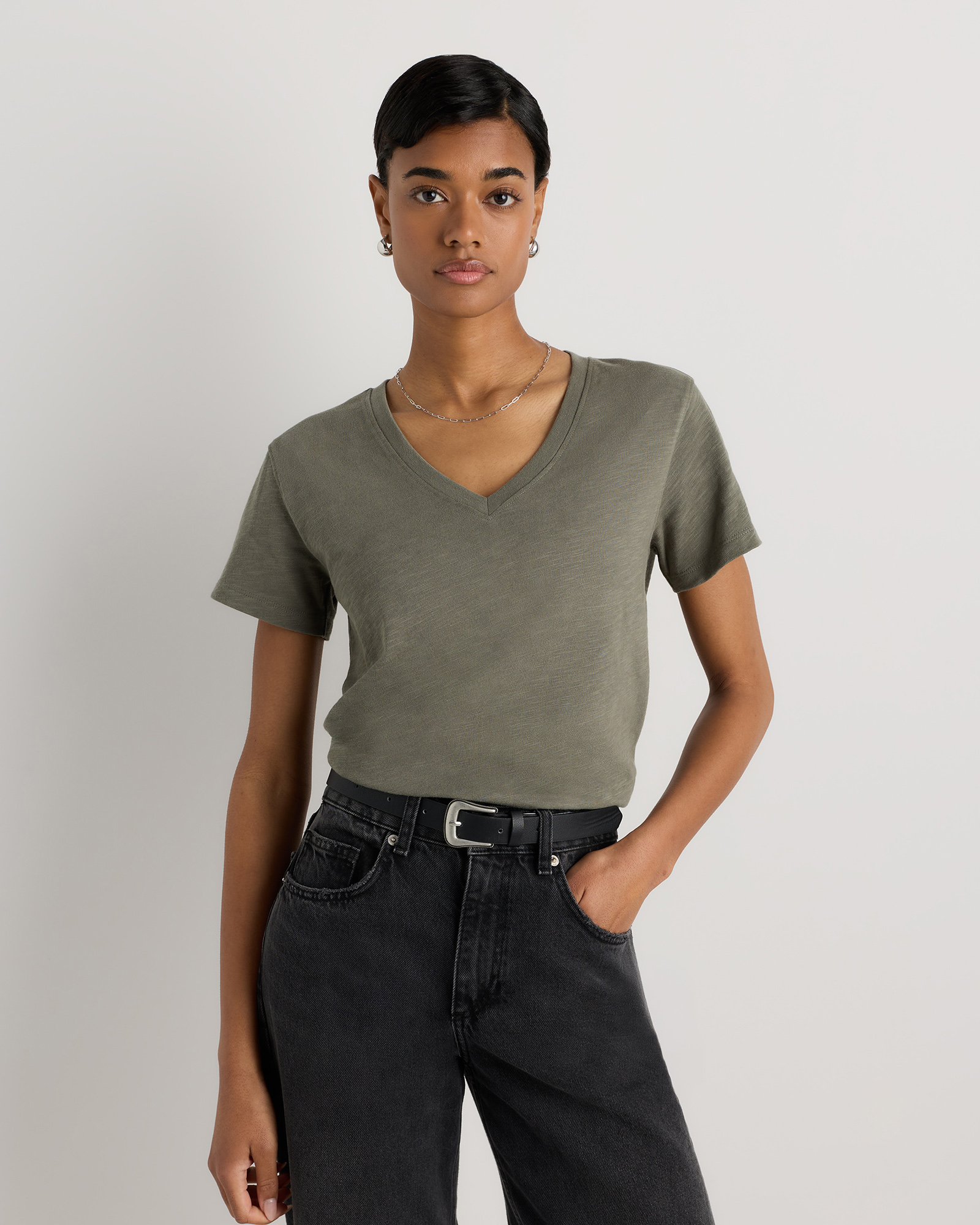 Smoked Thyme Green 100% Organic Cotton Slub V-Neck Tee