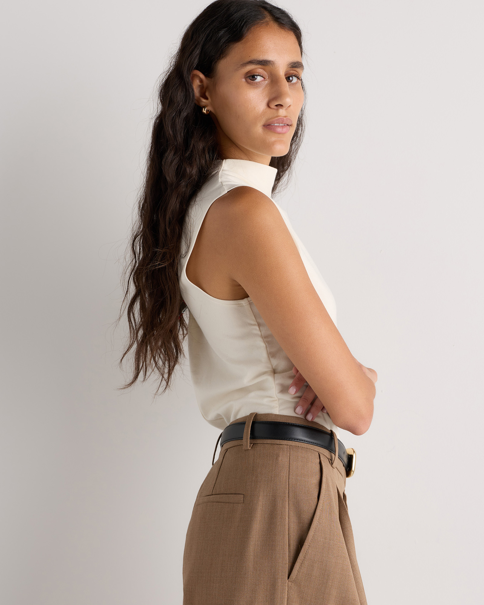 Stretch Cotton Jersey Sleeveless Mock Neck Top in Linen White
