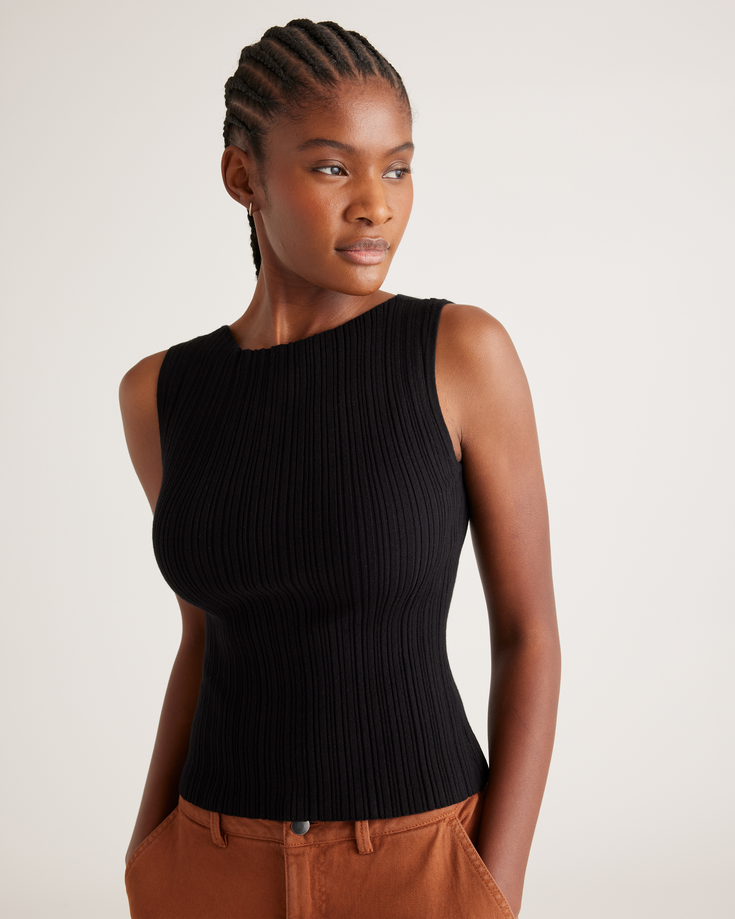 Cotton Cashmere Ribbed Tank in Black