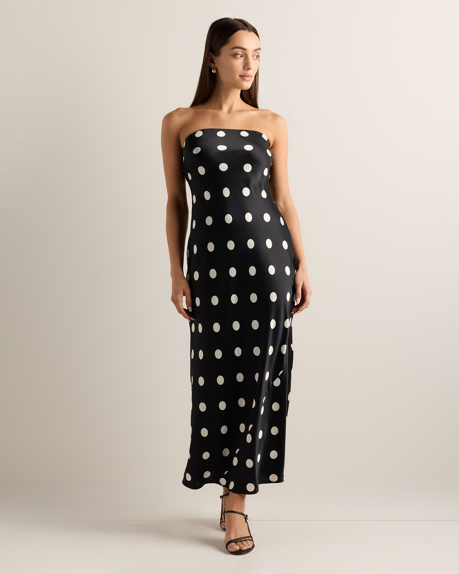 Noir Large Dot 100% Washable Silk Strapless Midi Dress
