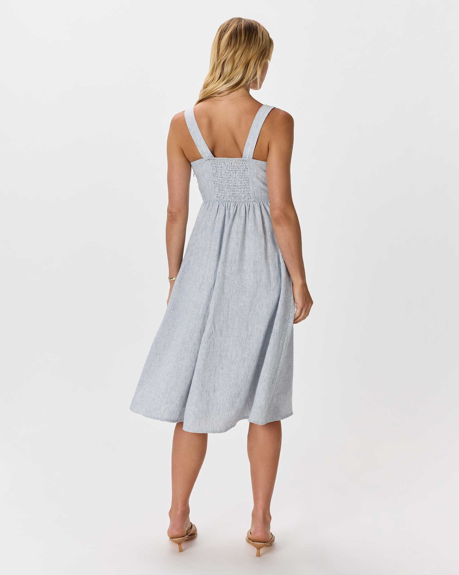 100% European Linen Fit & Flare Midi Dress in Blue Pinstripe 100% European Linen Fit & Flare Midi Dress in Blue Pinstripe