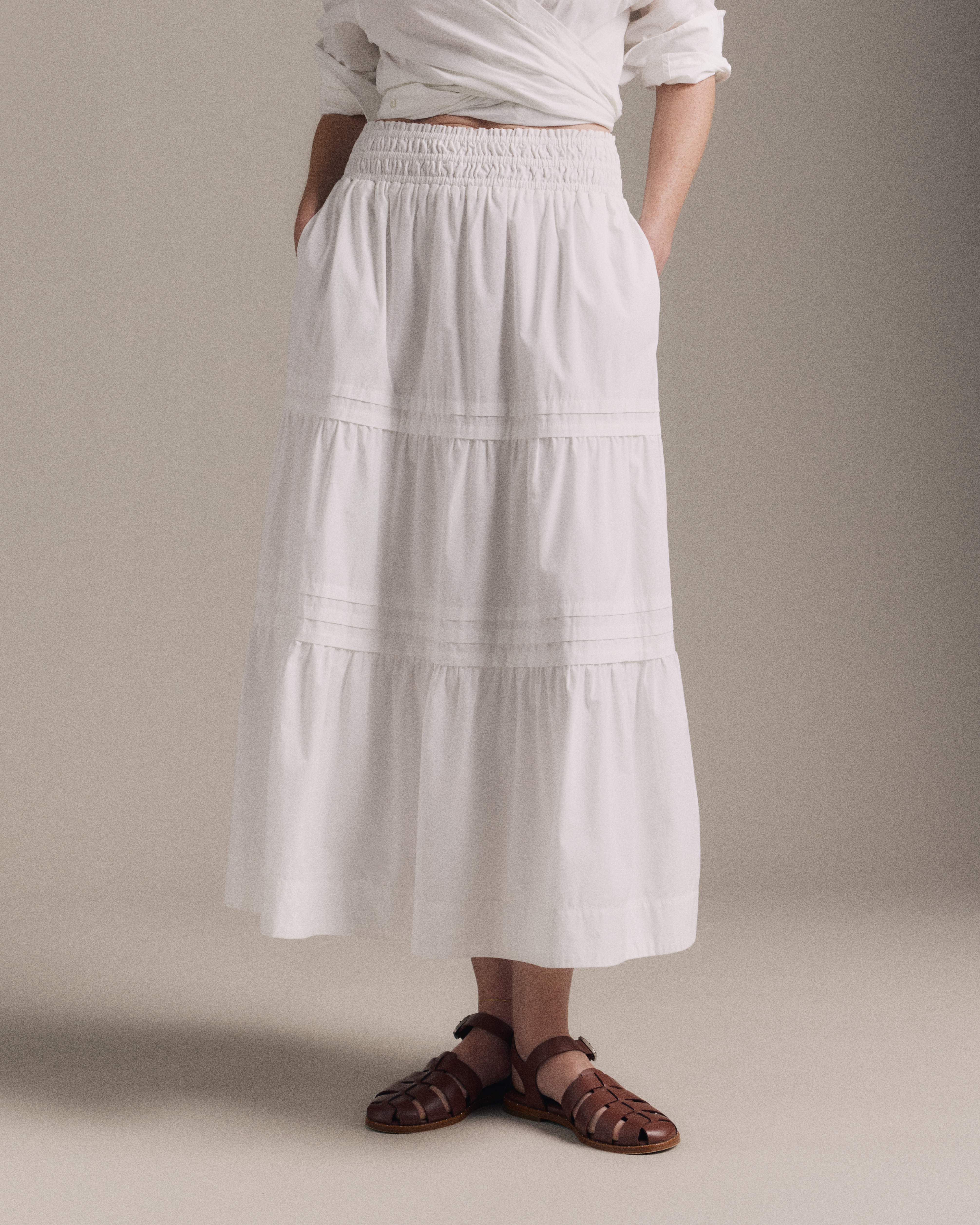 Classic White 100% Organic Cotton Poplin Tiered Maxi Skirt