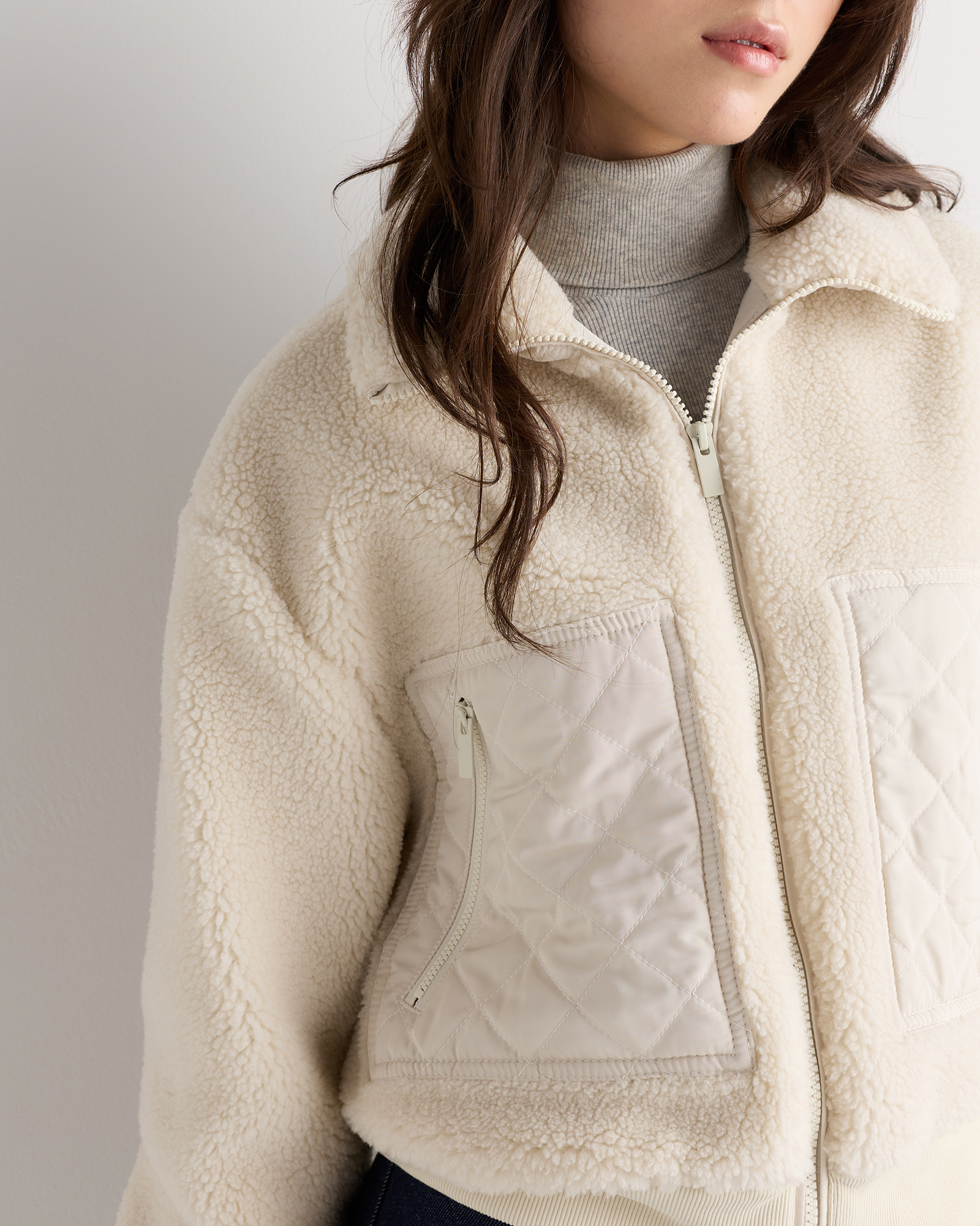 Sherpa Cropped Bomber Jacket in Oat Milk Ivory