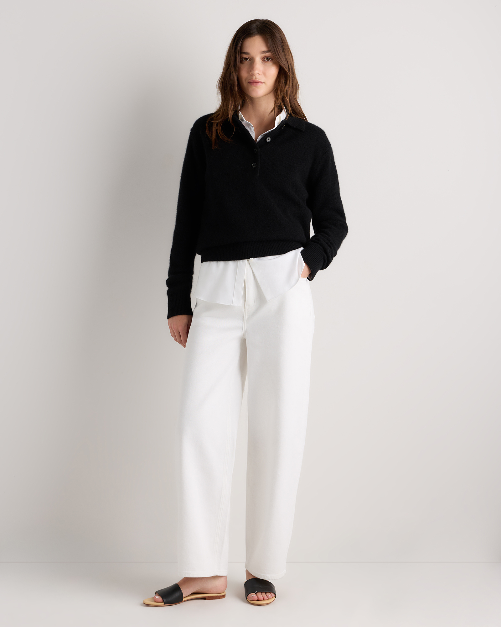 Mongolian Cashmere Button Polo Sweater in Black