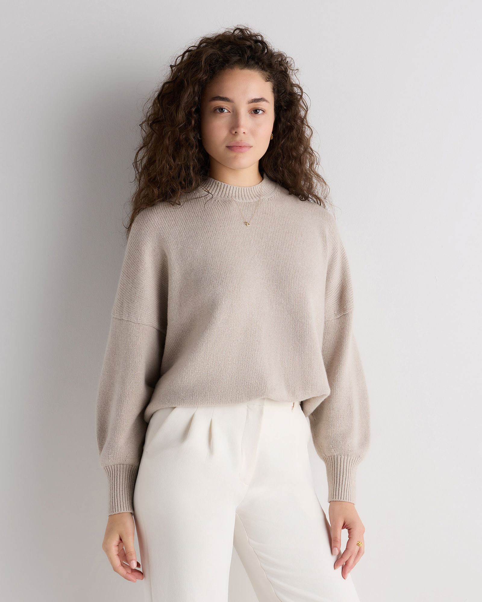 Heather Cloud Beige 100% Mongolian Cashmere Slouchy Blouson Sleeve Crewneck