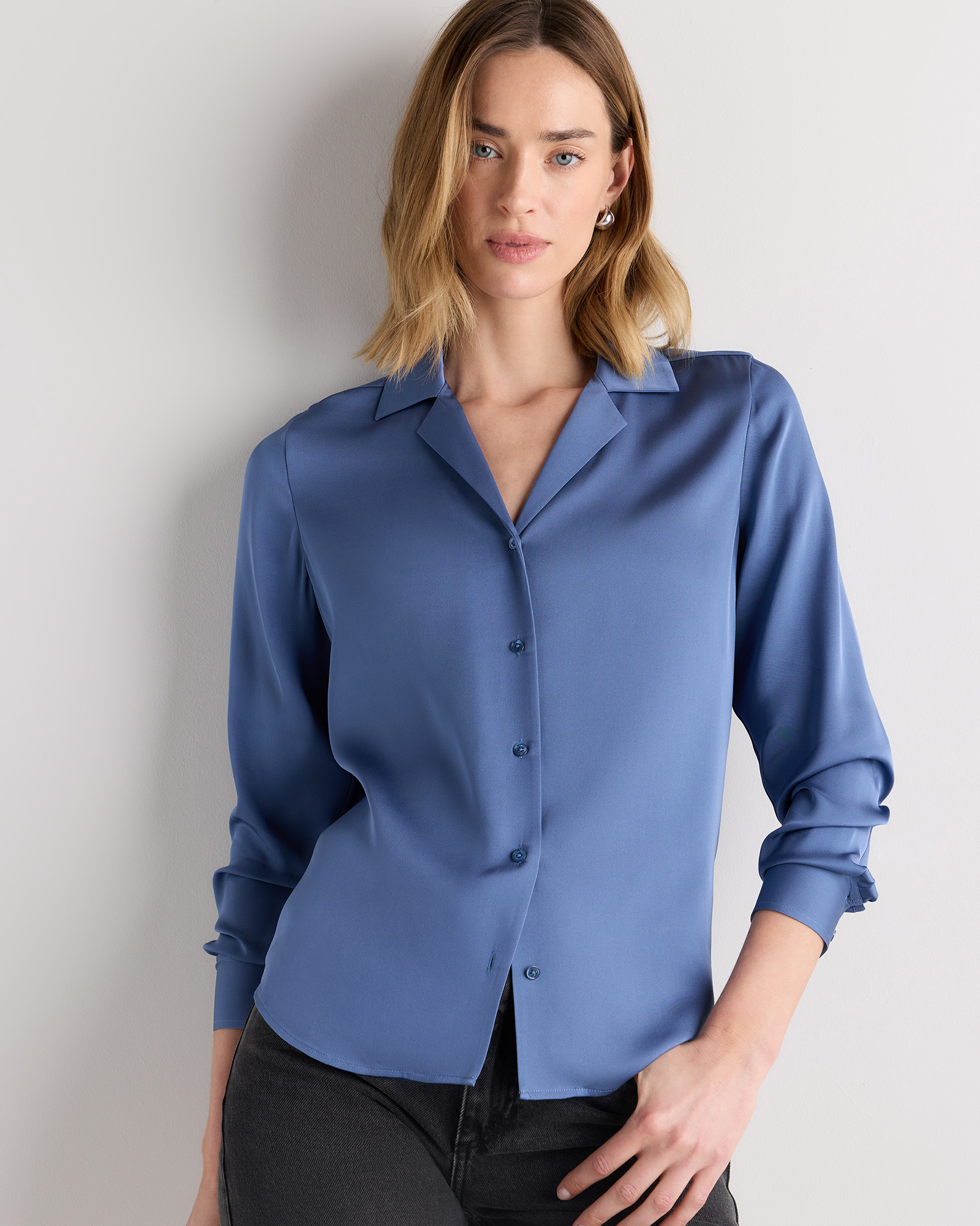 Moonstone Blue Washable Stretch Silk Notch Collar Blouse