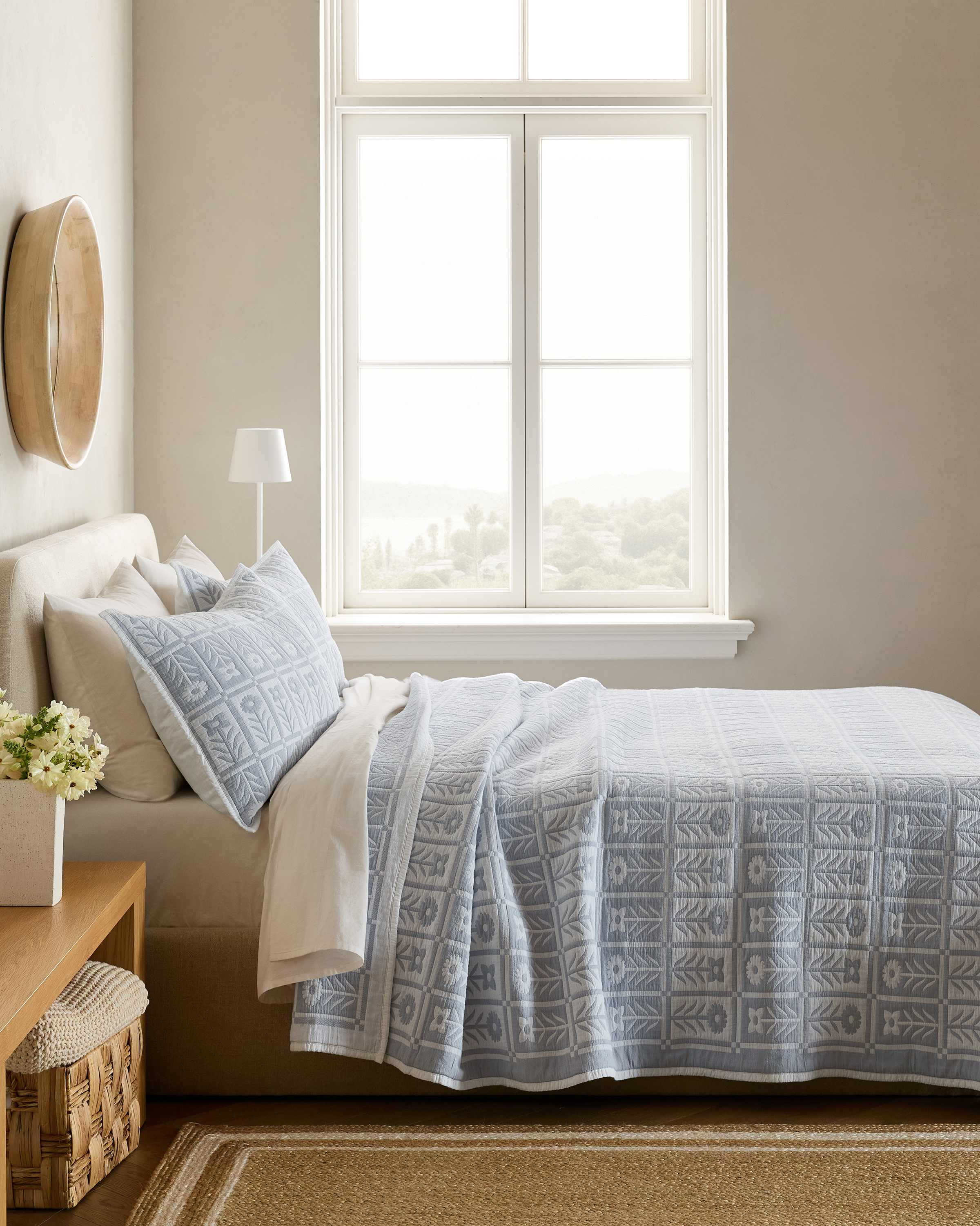 Blue Fog Organic Cotton Jacquard Floral Coverlet