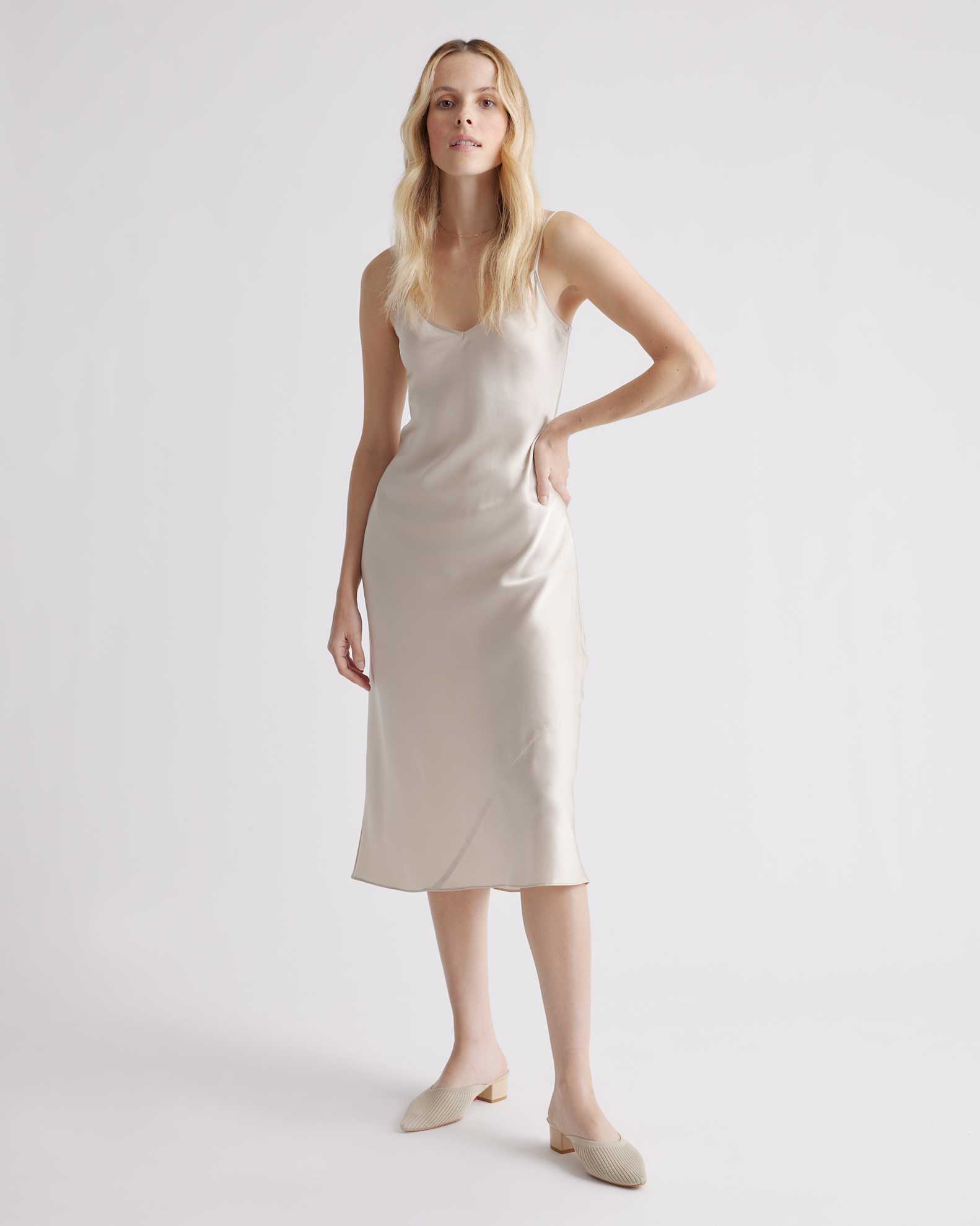 Quince Women's Washable 100% Mulberry Silk Slip Dress, XS, Champagne - Midi Length, Bias Cut, Satin Finish, Hypo-allergenic, Thermoregulating Quince Women's Washable 100% Mulberry Silk Slip Dress, XS, Champagne - Midi Length, Bias Cut, Satin Finish, Hypo-allergenic, Thermoregulating