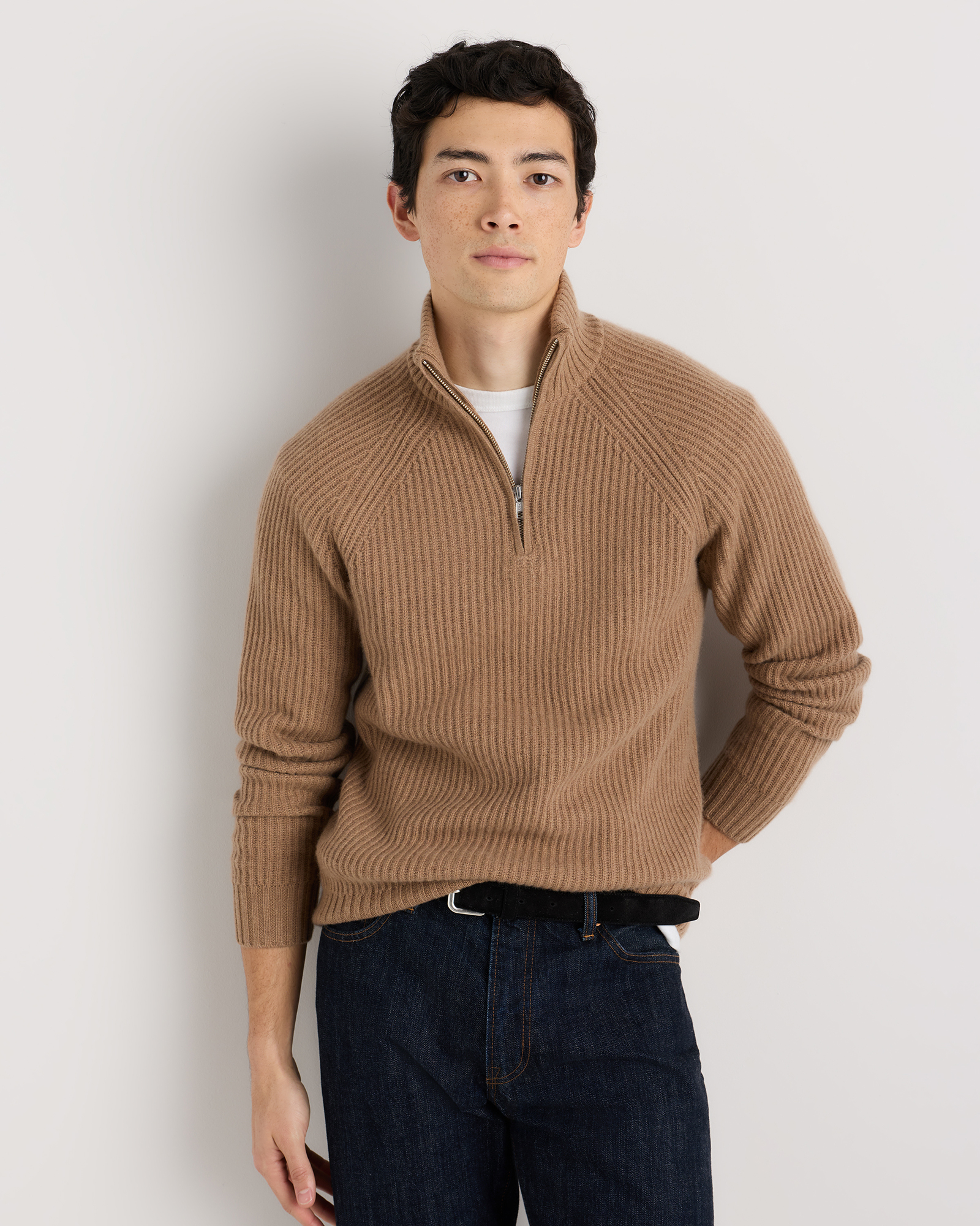 Teak Mongolian Cashmere Fisherman Quarter Zip Sweater