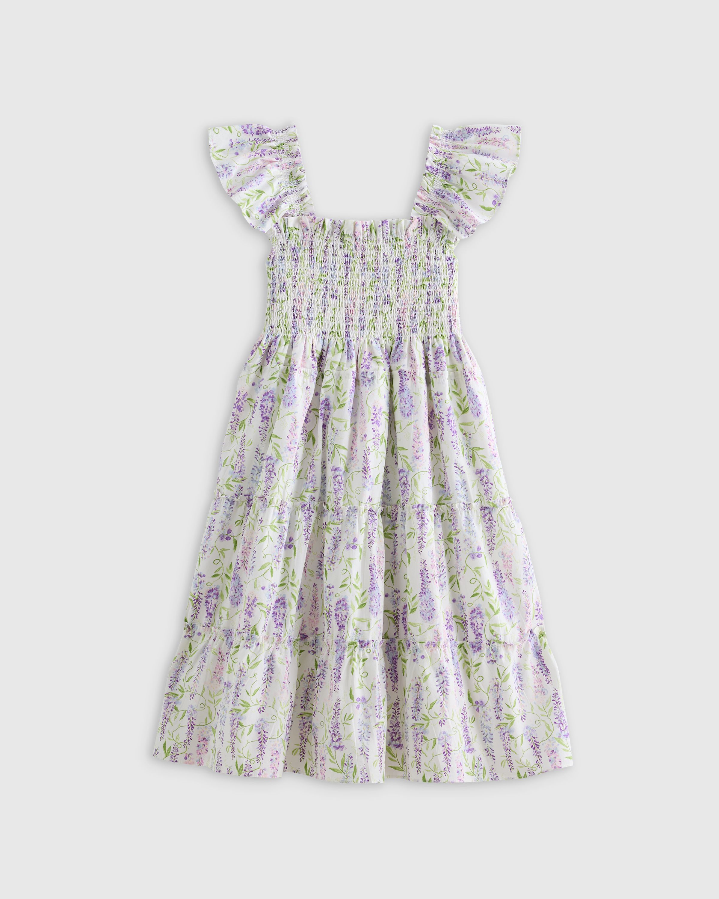 Wisteria Floral 100% Organic Cotton Poplin Smocked Dress