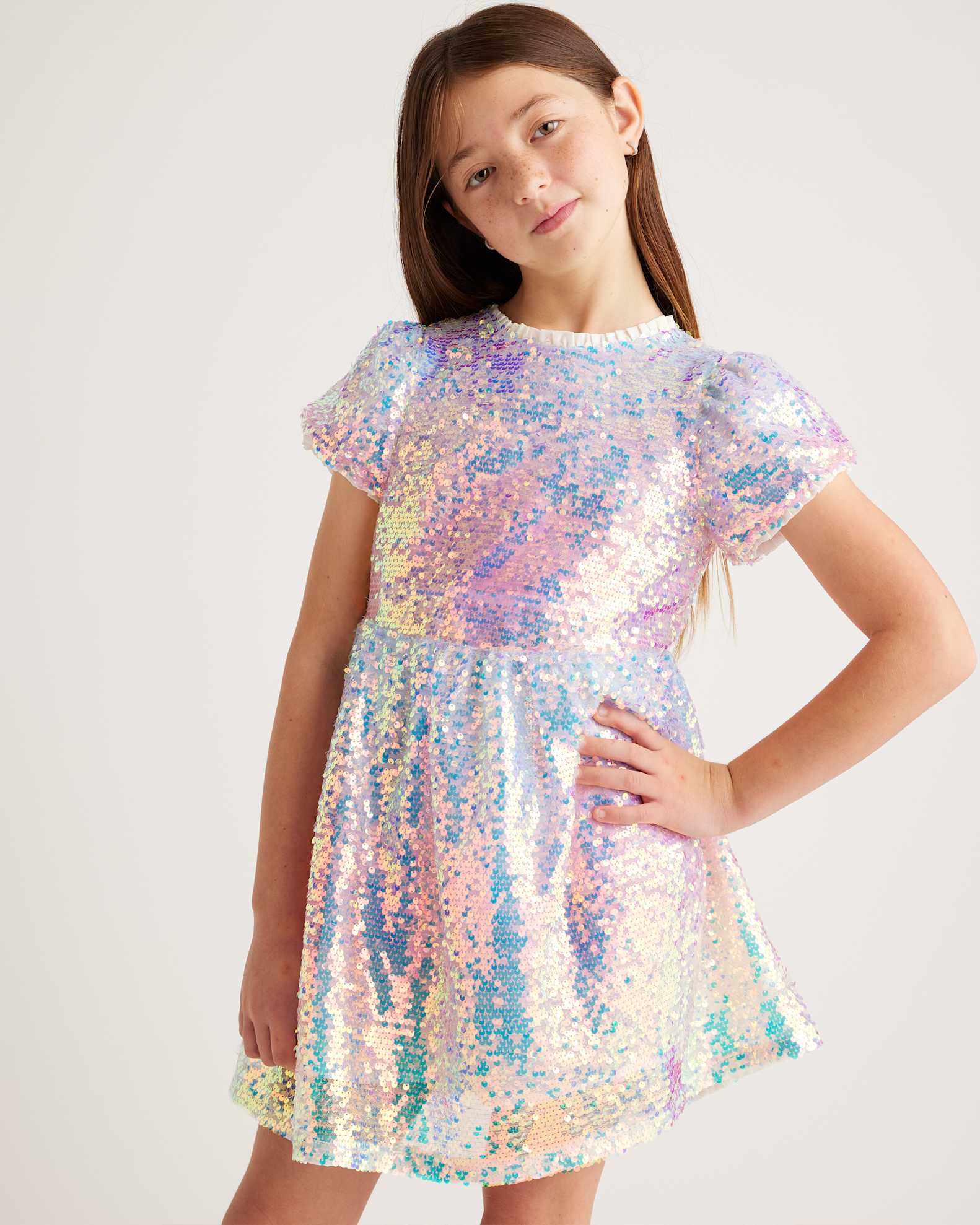 Sequin Flutter Sleeve Dress in Rainbow Sequins, Size 8 by Quince - Kid's Sequin Flutter Sleeve Dress in Rainbow Sequins, Size 8 by Quince - Kid's