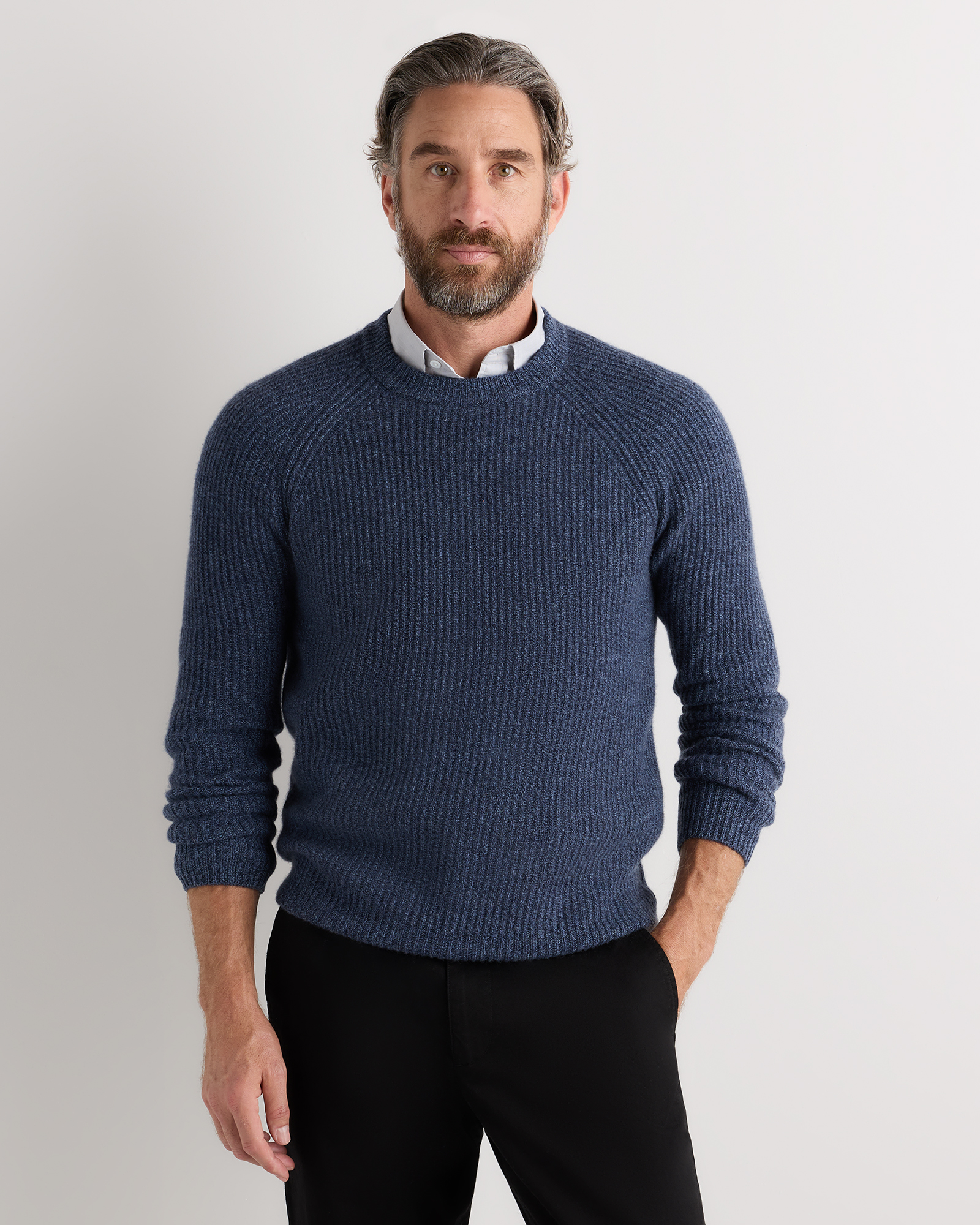 Navy Marl Mongolian Cashmere Fisherman Crewneck Sweater