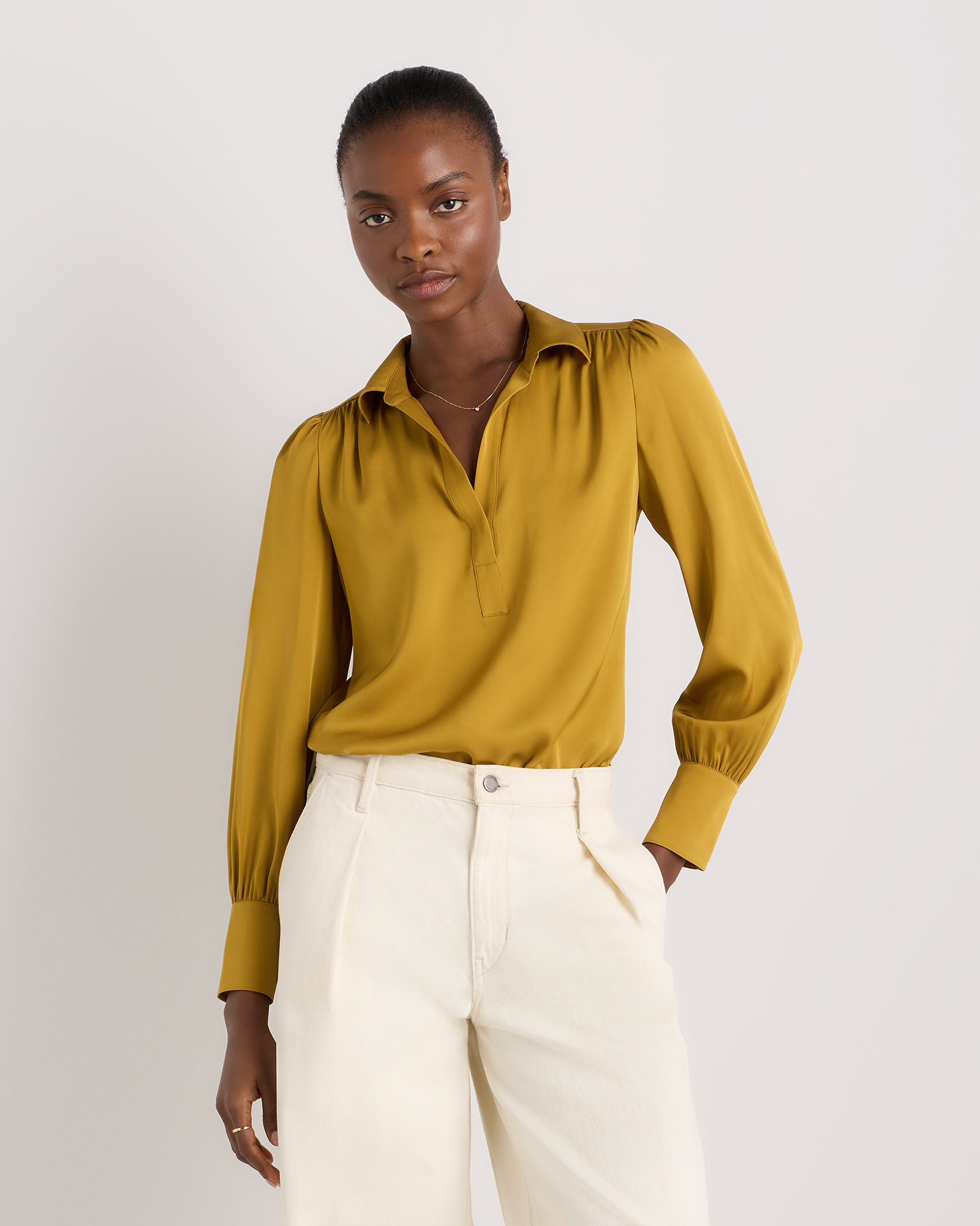 Mineral Yellow Washable Stretch Silk Split Neck Blouse 