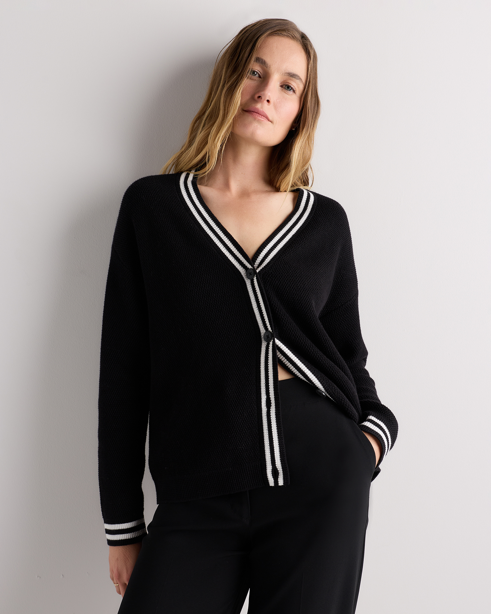 Black / Classic White Stripe Cotton Cashmere Textured Varsity Cardigan