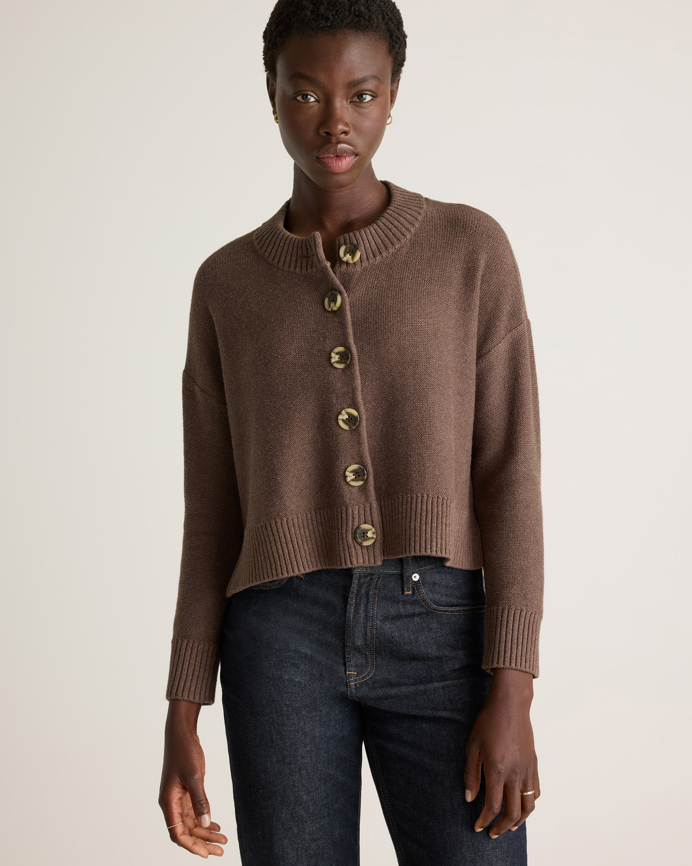 100% Organic Cotton Cropped Cardigan in Heather Brown
