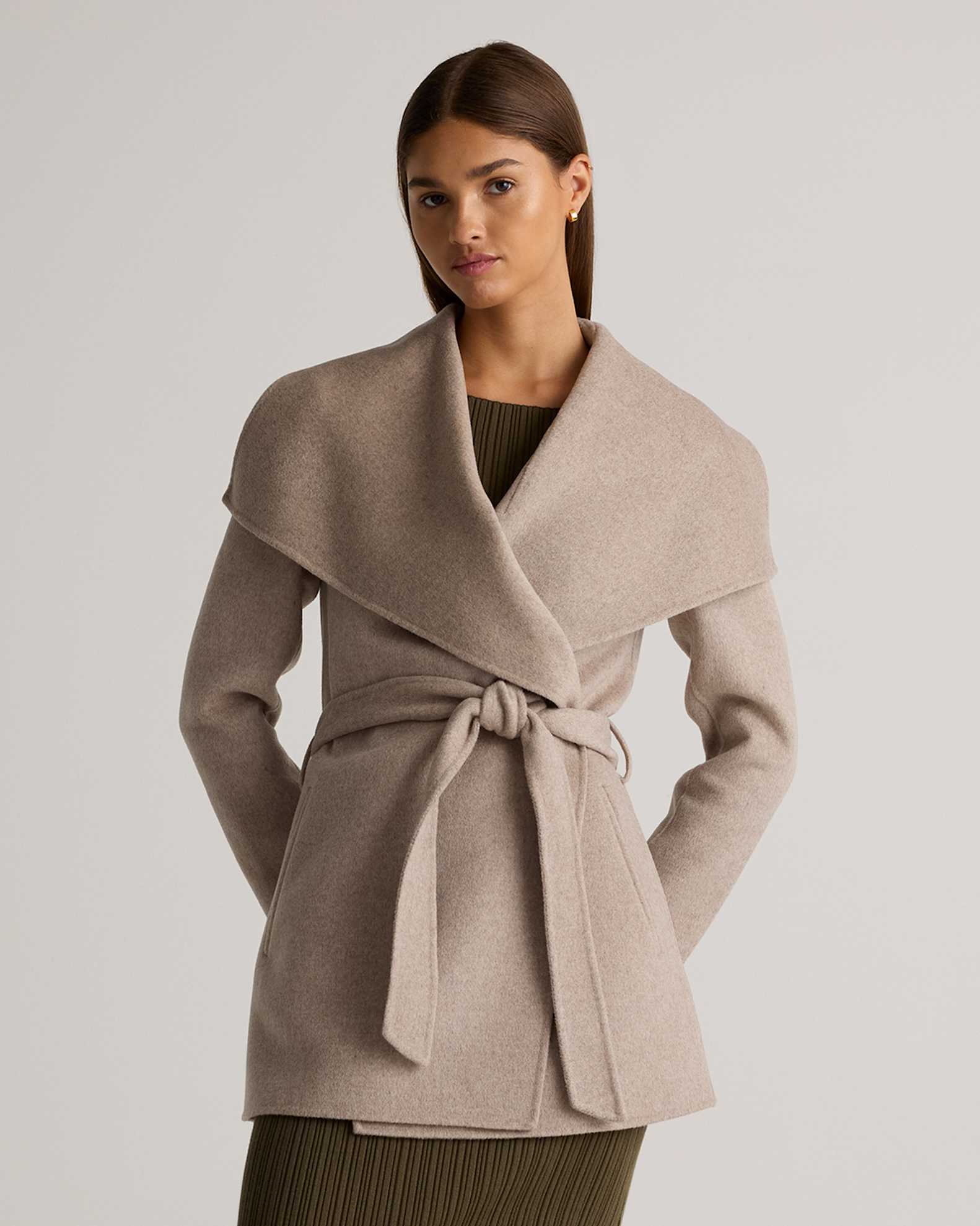 Double-Faced Merino Wool Draped Collar Short Wrap Coat in Oat