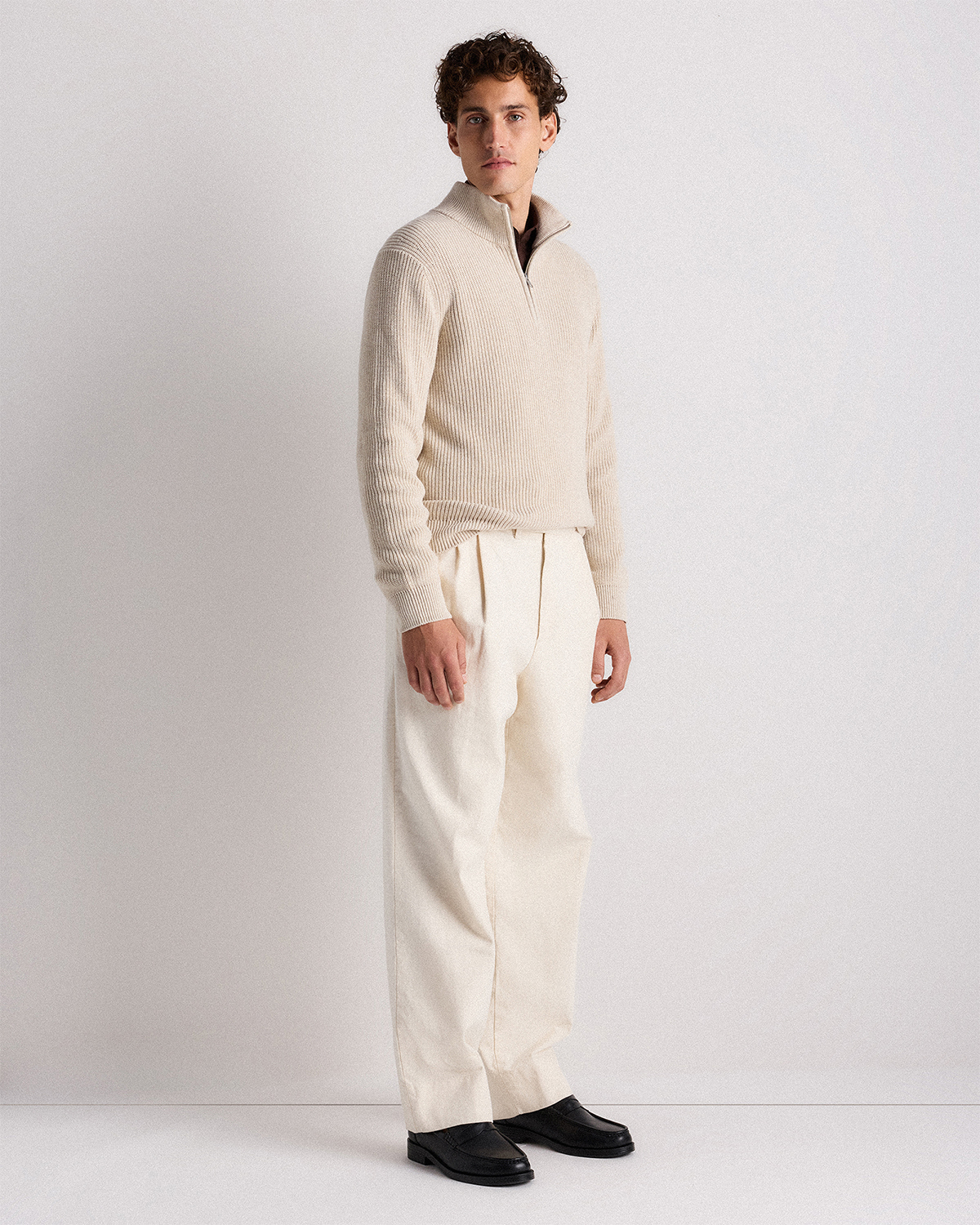 Men's 100% Organic Cotton Ribbed Quarter-Zip Sweater in Speckled Beige
