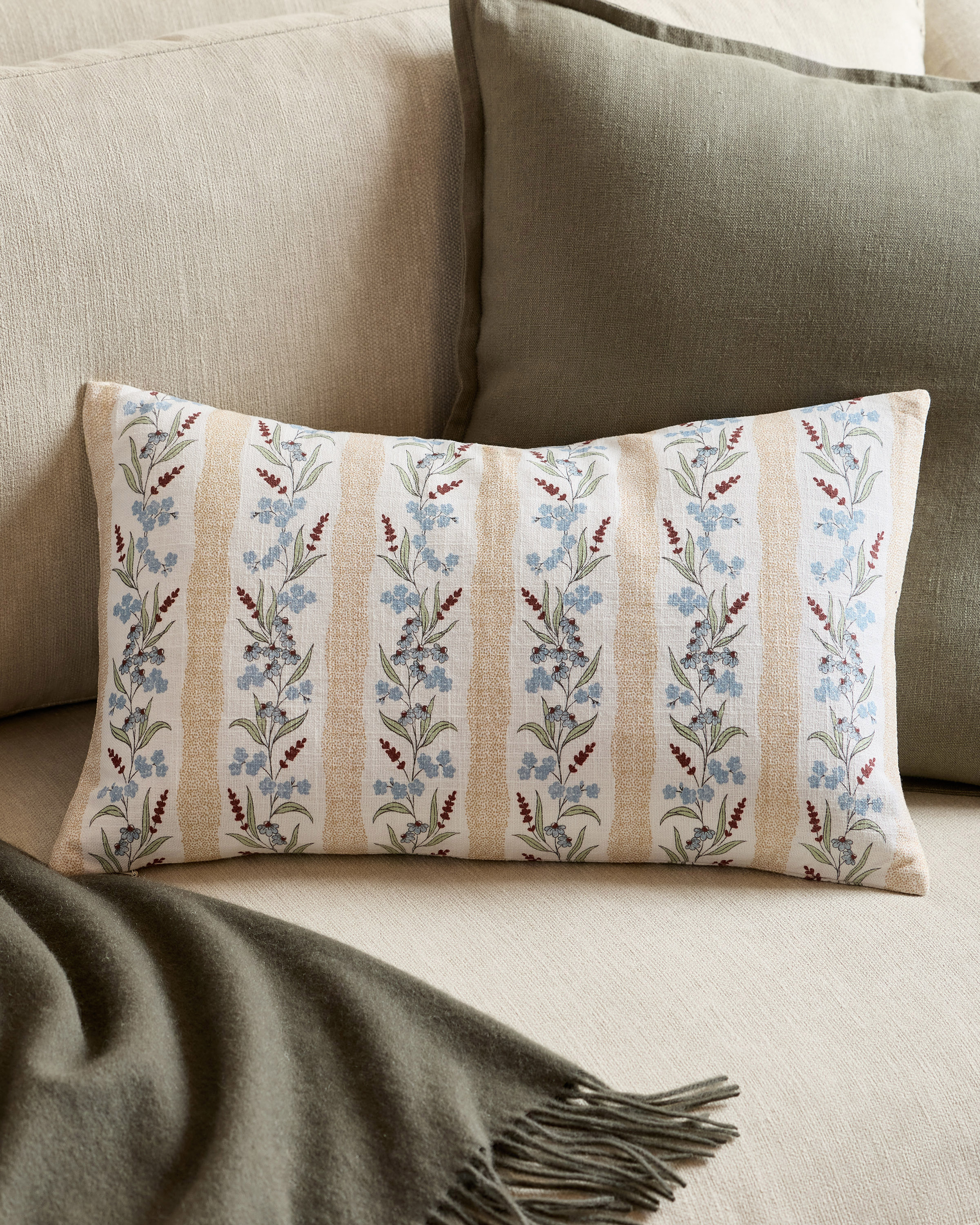 Tan Stripe Wildflower Cotton Pillow Cover