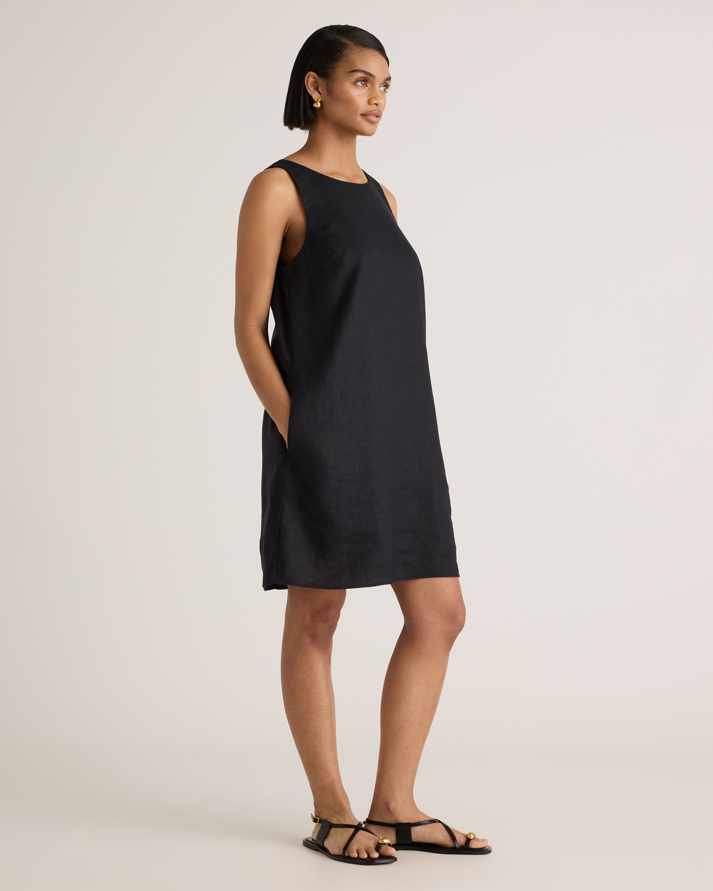 100% European Linen Tank Mini Dress in Black