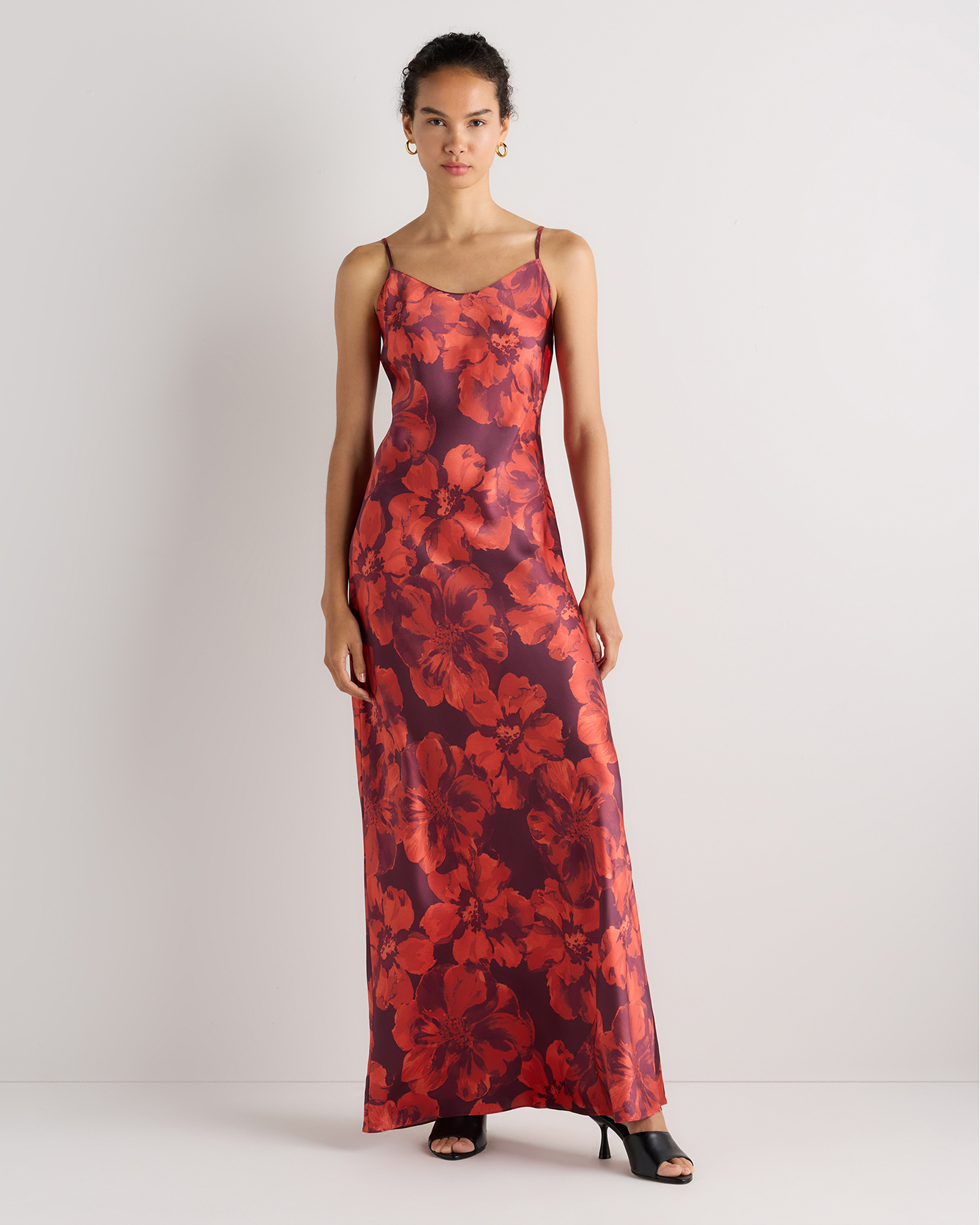 Cordovan Red Hibiscus 100% Washable Silk Maxi Slip Dress
