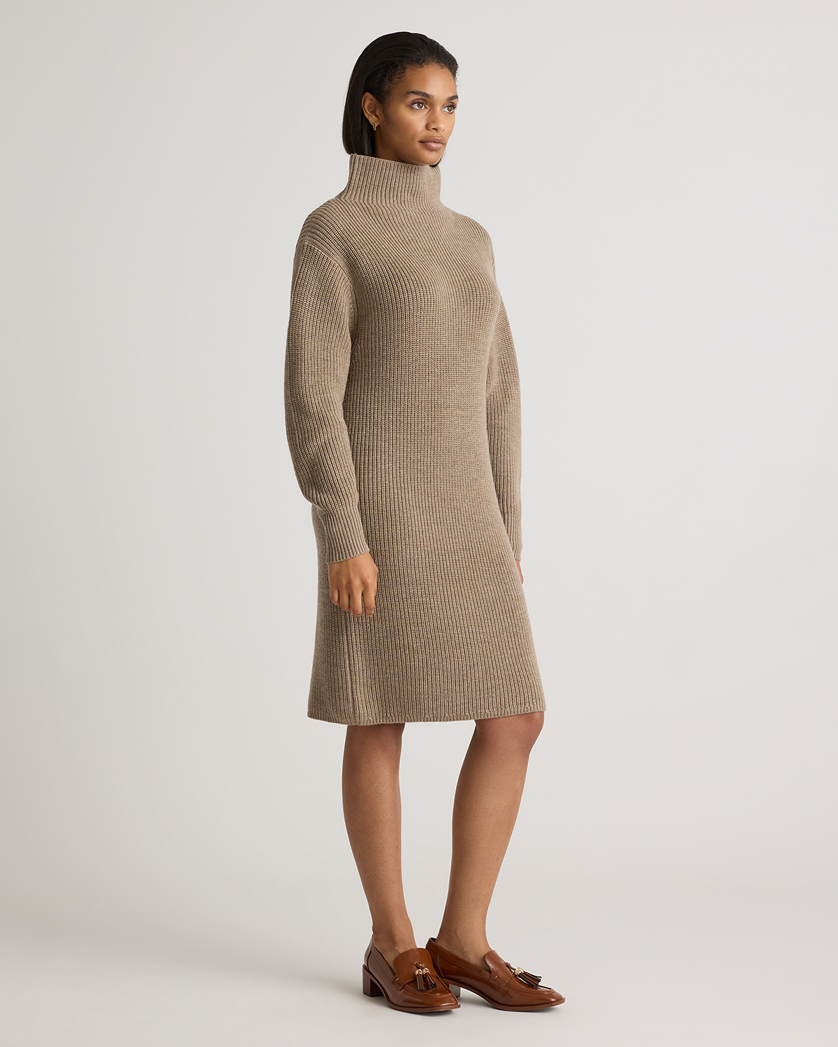 Australian Merino Wool Relaxed Turtleneck Sweater Dress in Malted Toffee