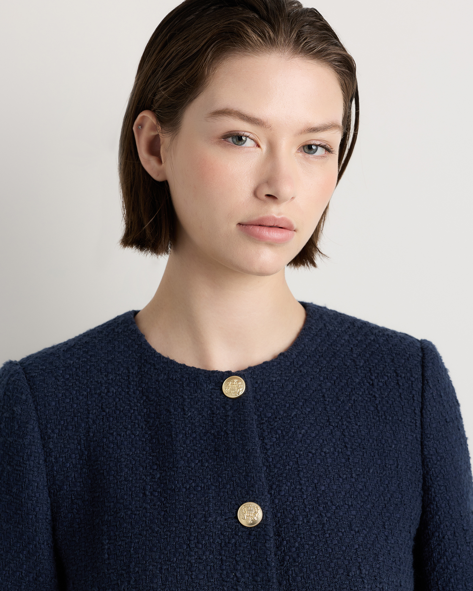 Tweed Collarless Jacket in Deep Navy