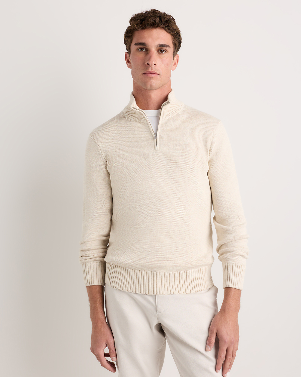 Speckled Beige Pull 100 % coton biologique à glissière un quart